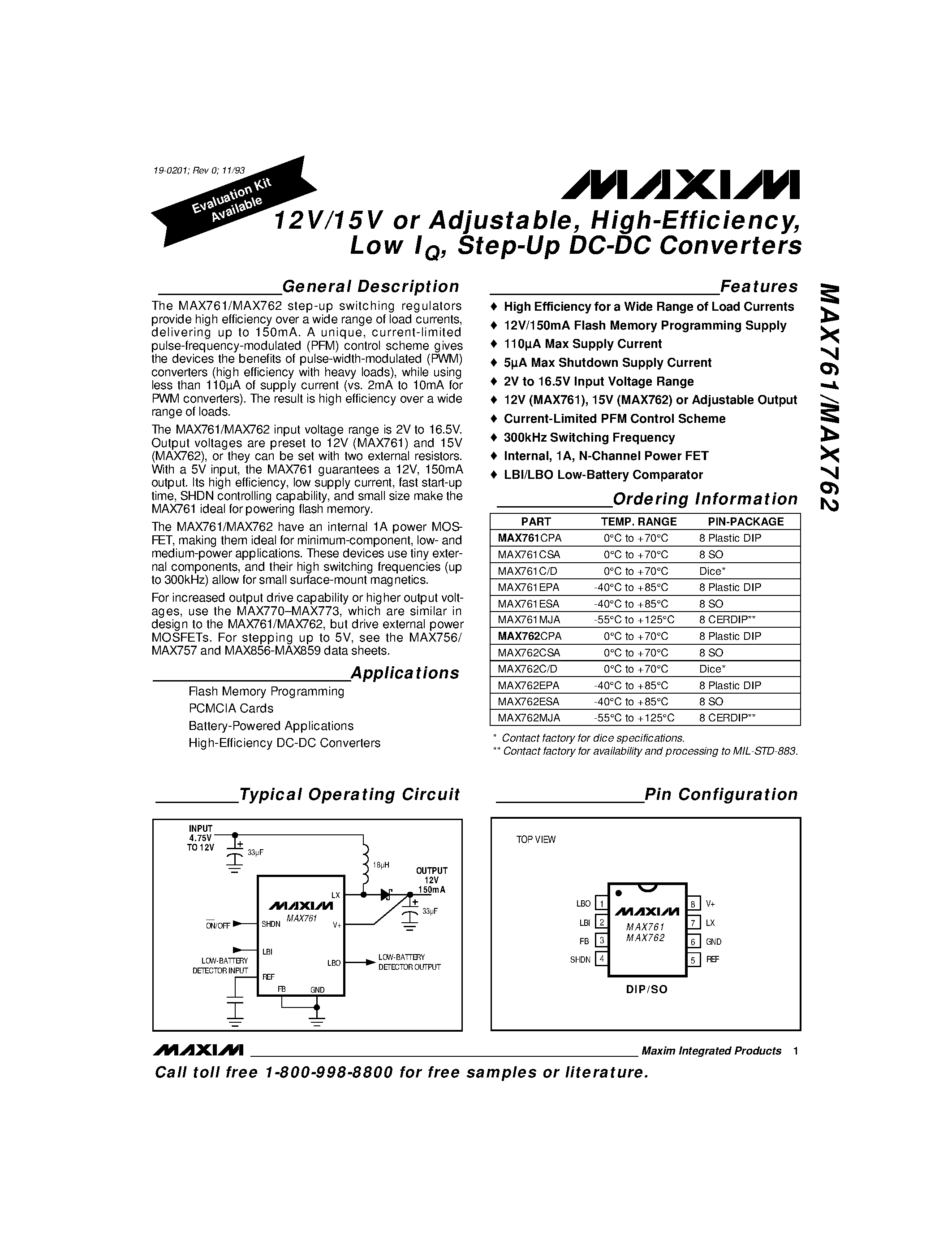 Datasheet MAX762 - 12V/15V or Adjustable / High-Efficiency / Low IQ / Step-Up DC-DC Converters page 1