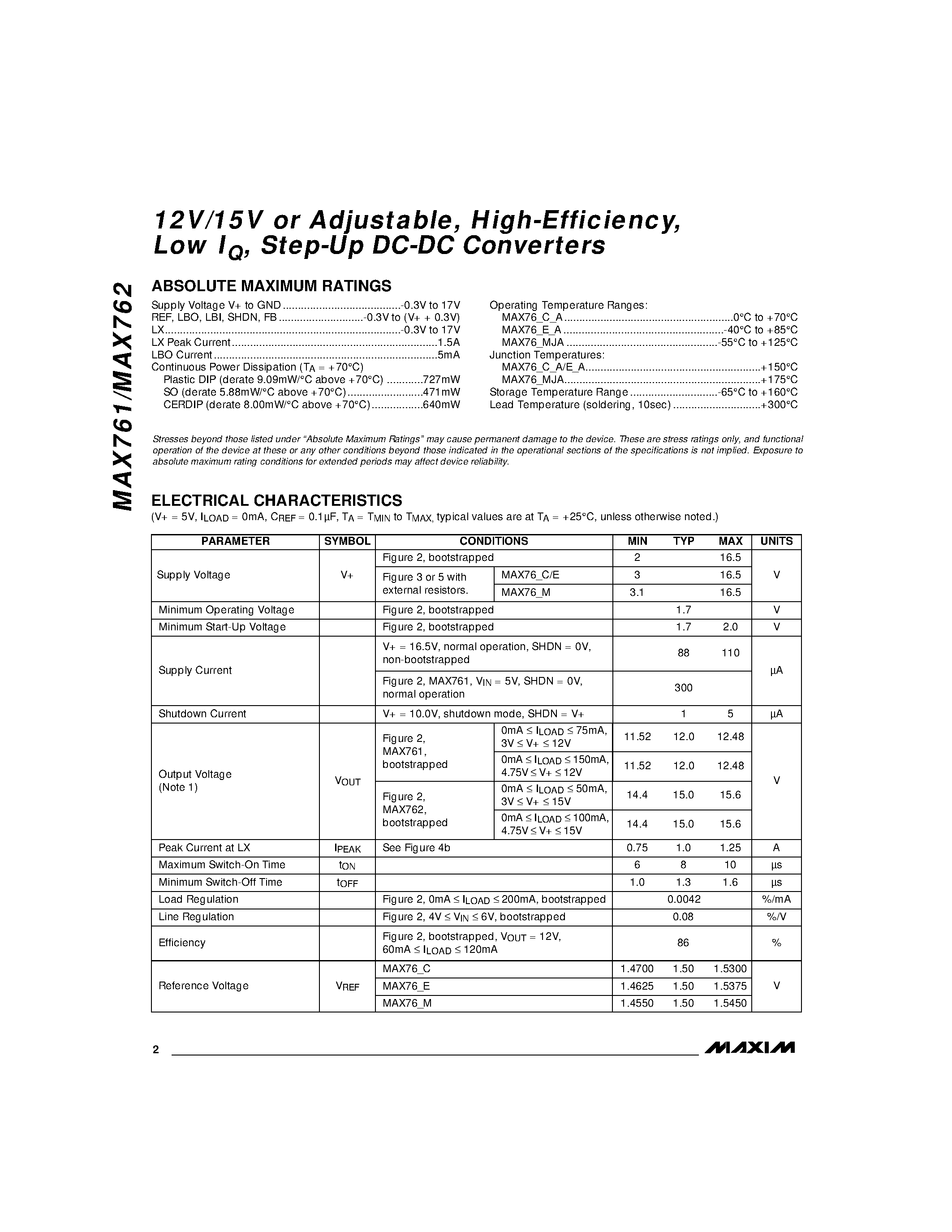 Datasheet MAX762 - 12V/15V or Adjustable / High-Efficiency / Low IQ / Step-Up DC-DC Converters page 2