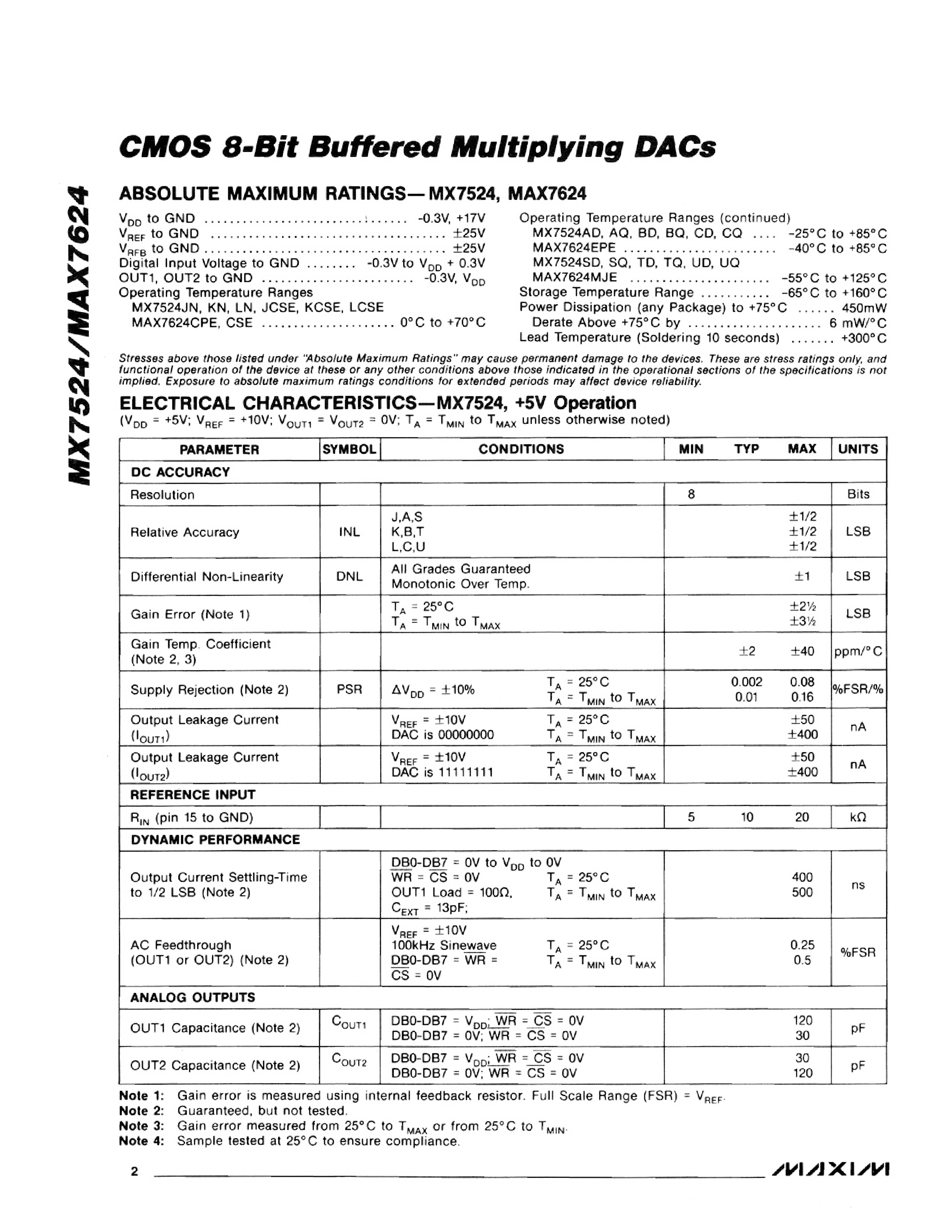 Даташит MAX7624 - CMOS 8-Bit Buffered Multiplying DACs страница 2