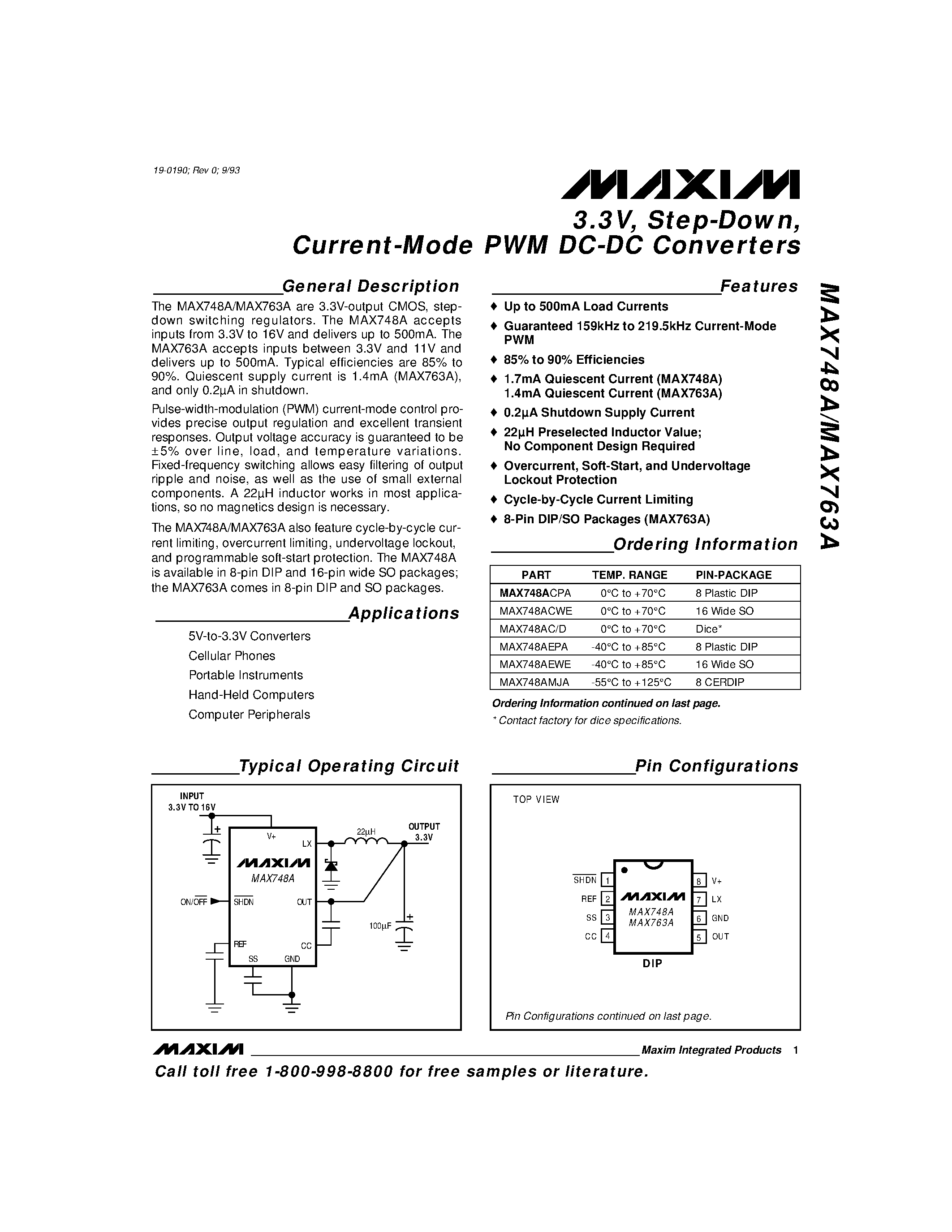 Datasheet MAX763AEPA - 3.3V / Step-Down / Current-Mode PWM DC-DC Converters page 1