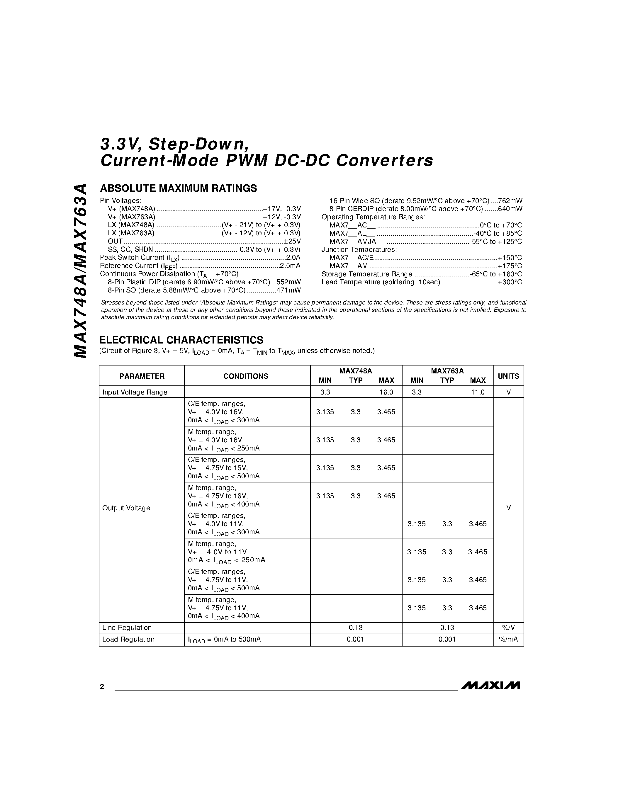 Datasheet MAX763AEPA - 3.3V / Step-Down / Current-Mode PWM DC-DC Converters page 2