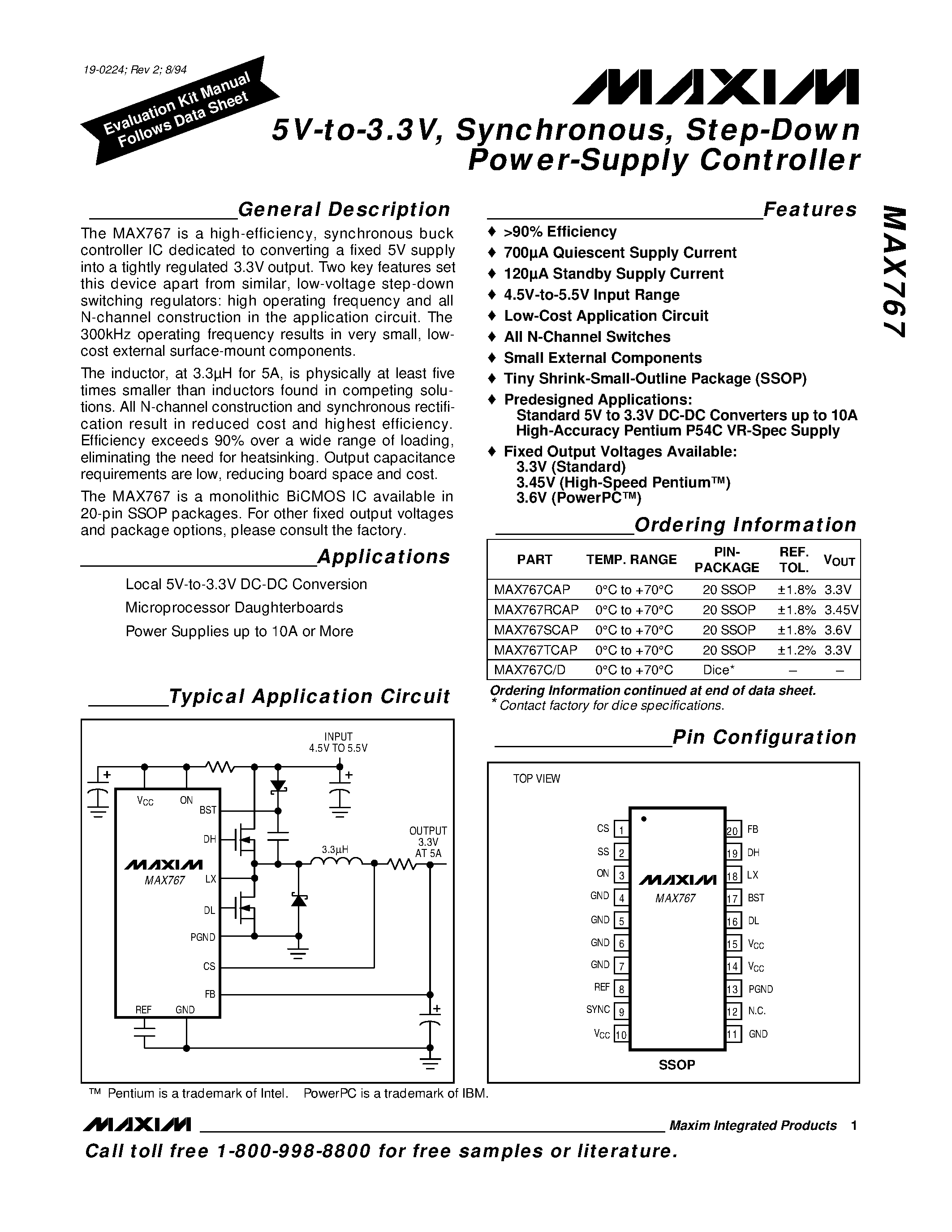 Datasheet MAX767 - 5V-to-3.3V / Synchronous / Step-Down Power-Supply Controller page 1