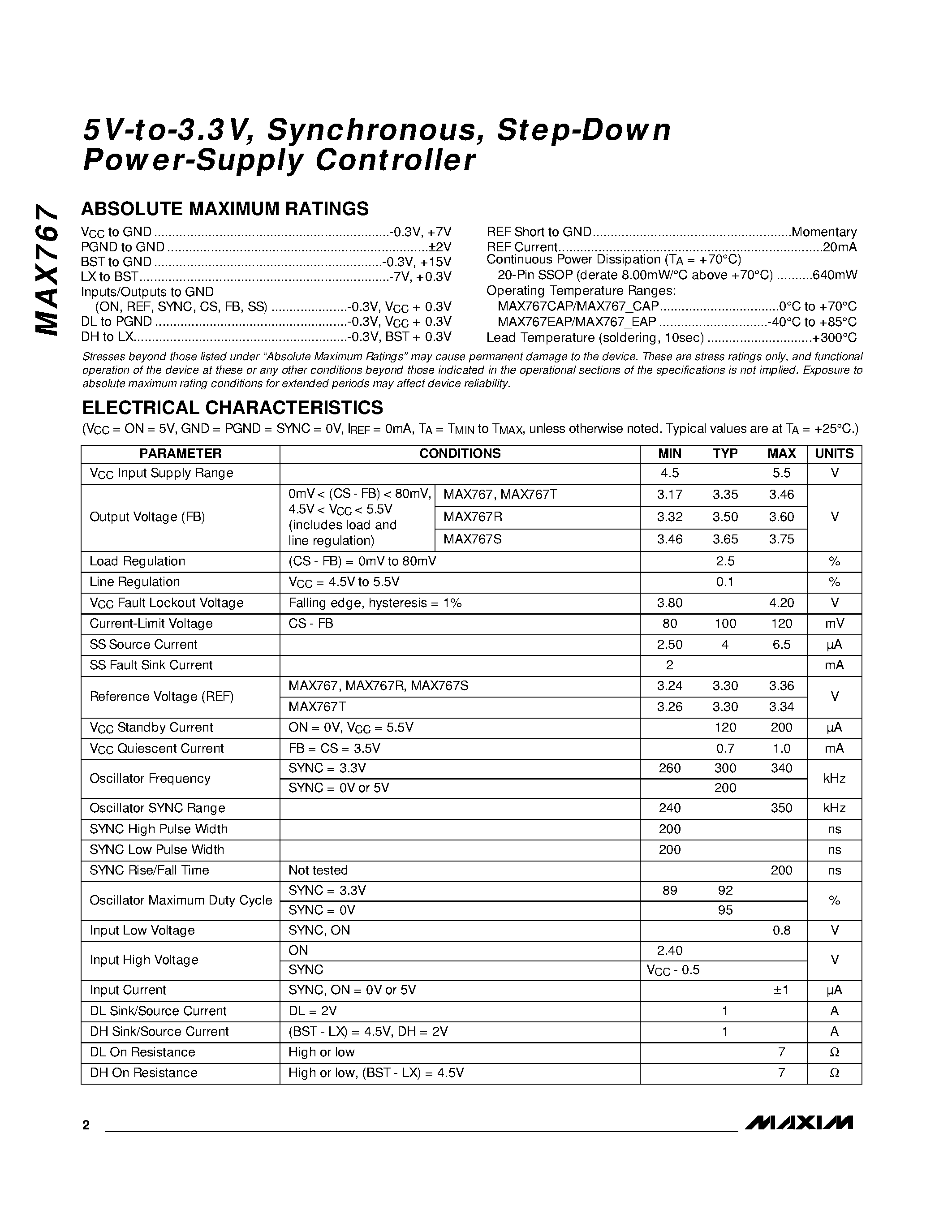 Datasheet MAX767 - 5V-to-3.3V / Synchronous / Step-Down Power-Supply Controller page 2