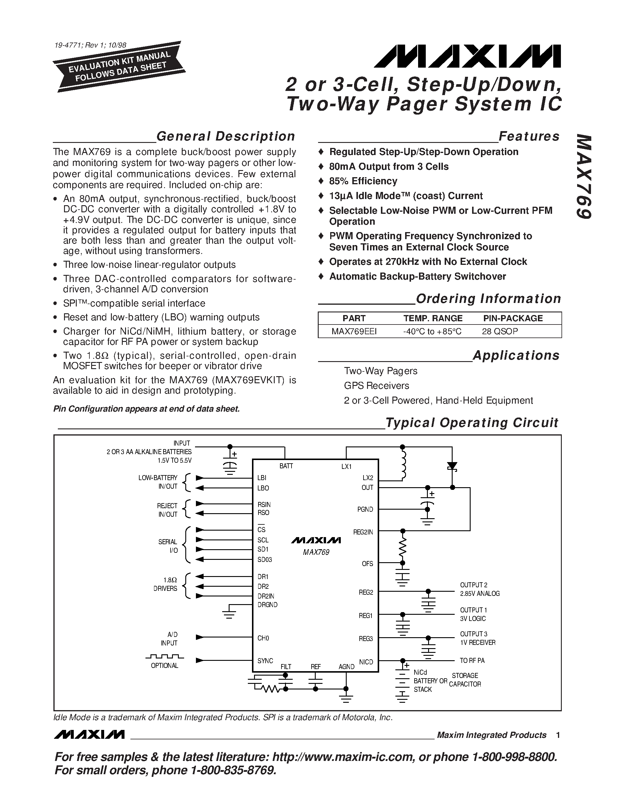 Datasheet MAX769 - 2 or 3-Cell / Step-Up/Down / Two-Way Pager System IC page 1