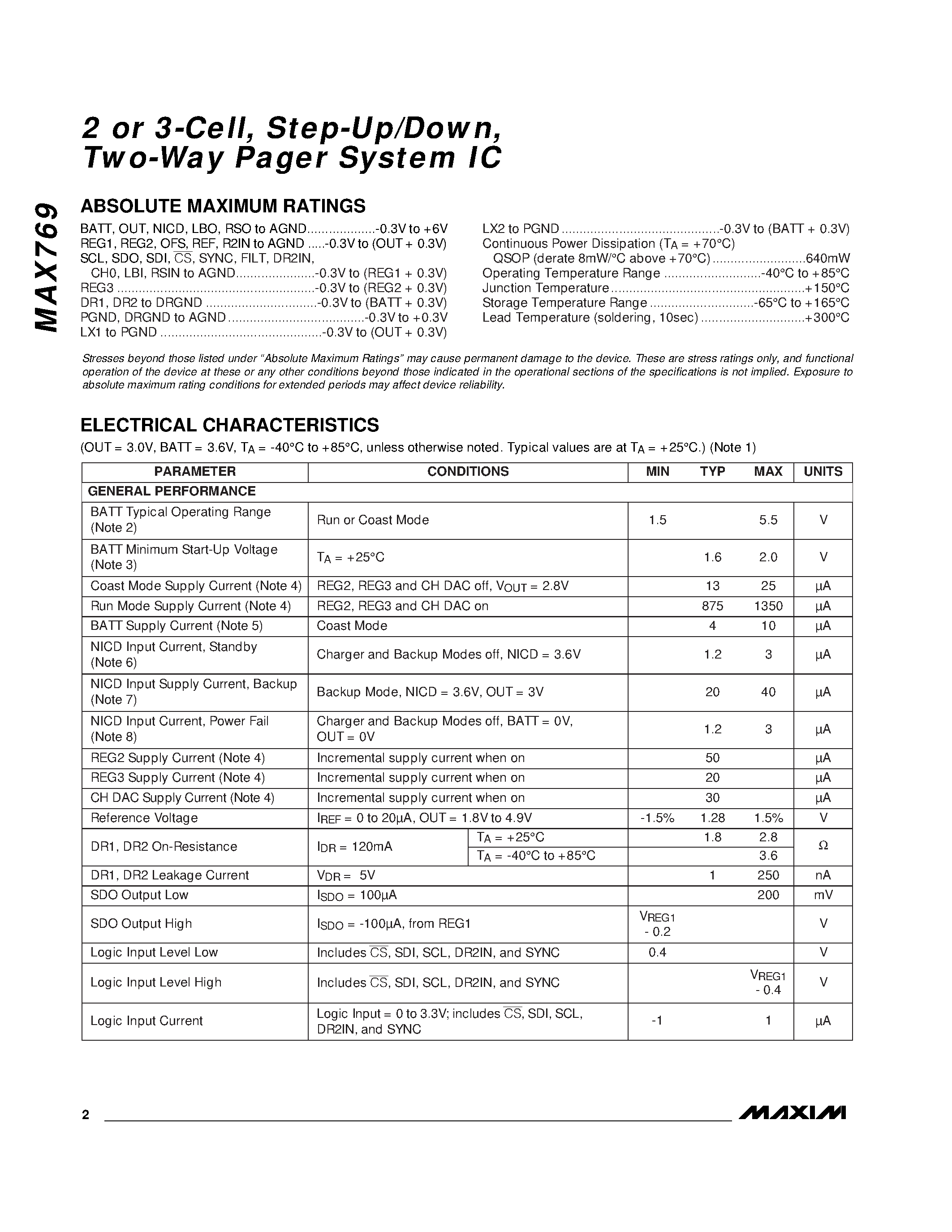 Datasheet MAX769 - 2 or 3-Cell / Step-Up/Down / Two-Way Pager System IC page 2