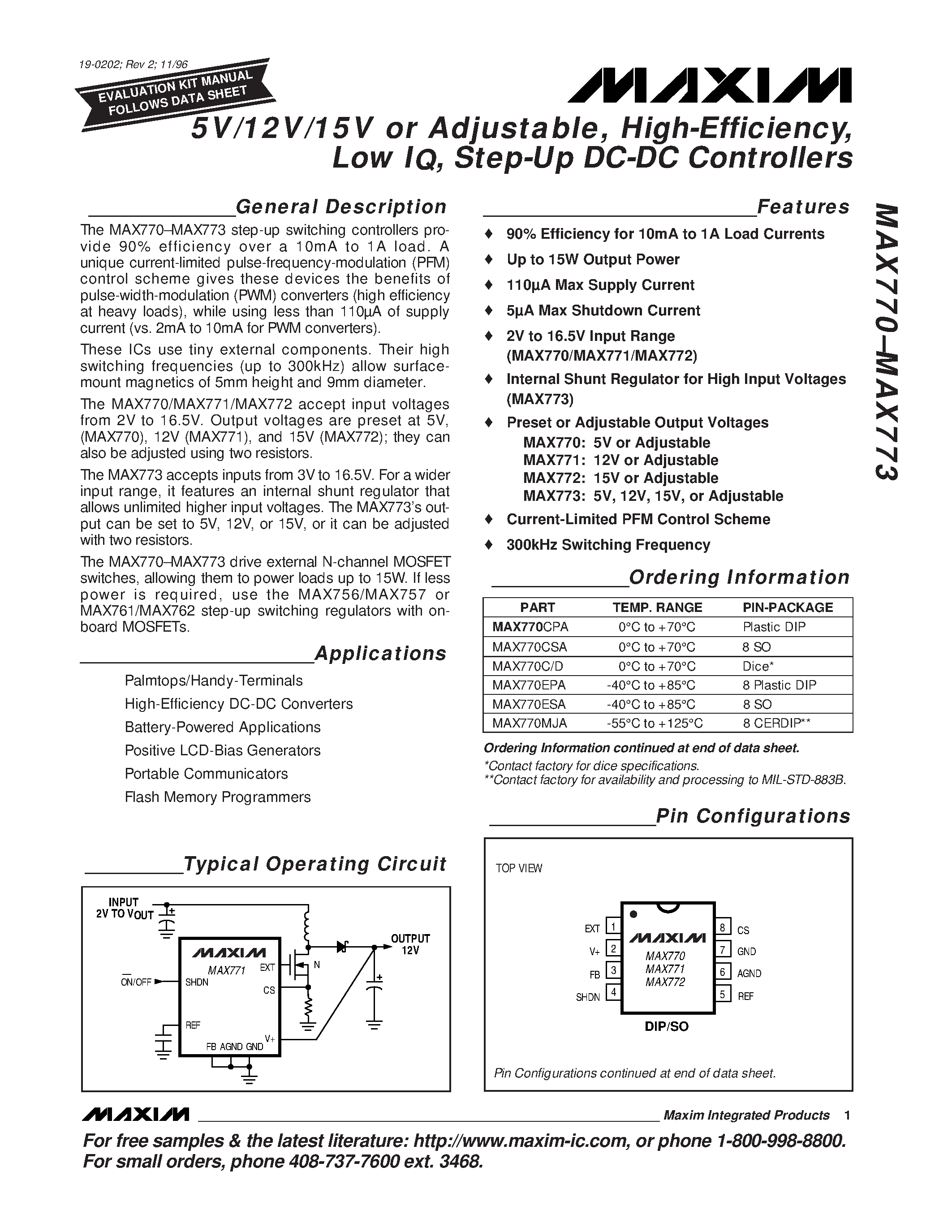 Datasheet MAX770 - 5V/12V/15V or Adjustable / High-Efficiency / Low IQ / Step-Up DC-DC Controllers page 1