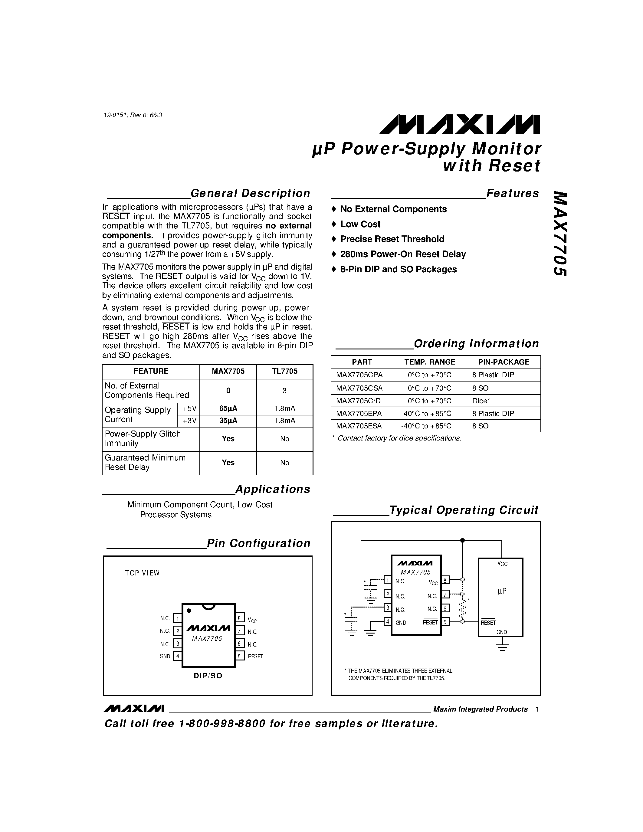 Даташит MAX7705 - P Power-Supply Monitor with Reset страница 1