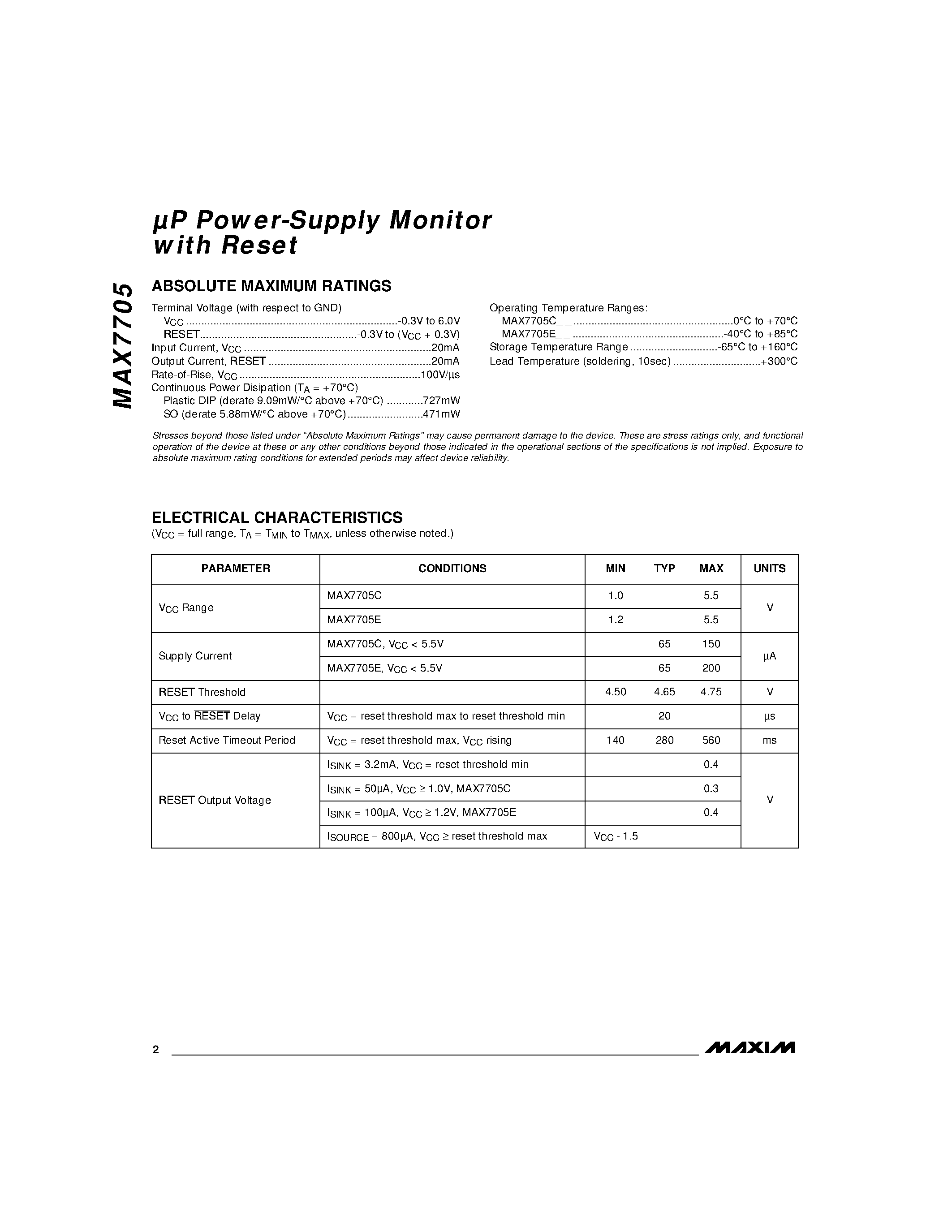 Даташит MAX7705 - P Power-Supply Monitor with Reset страница 2
