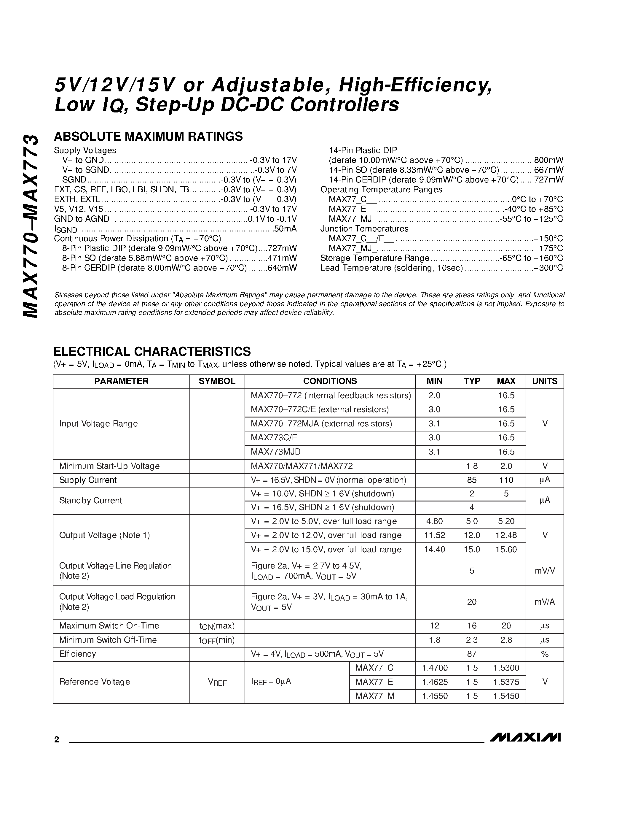 Datasheet MAX771 - 5V/12V/15V or Adjustable / High-Efficiency / Low IQ / Step-Up DC-DC Controllers page 2