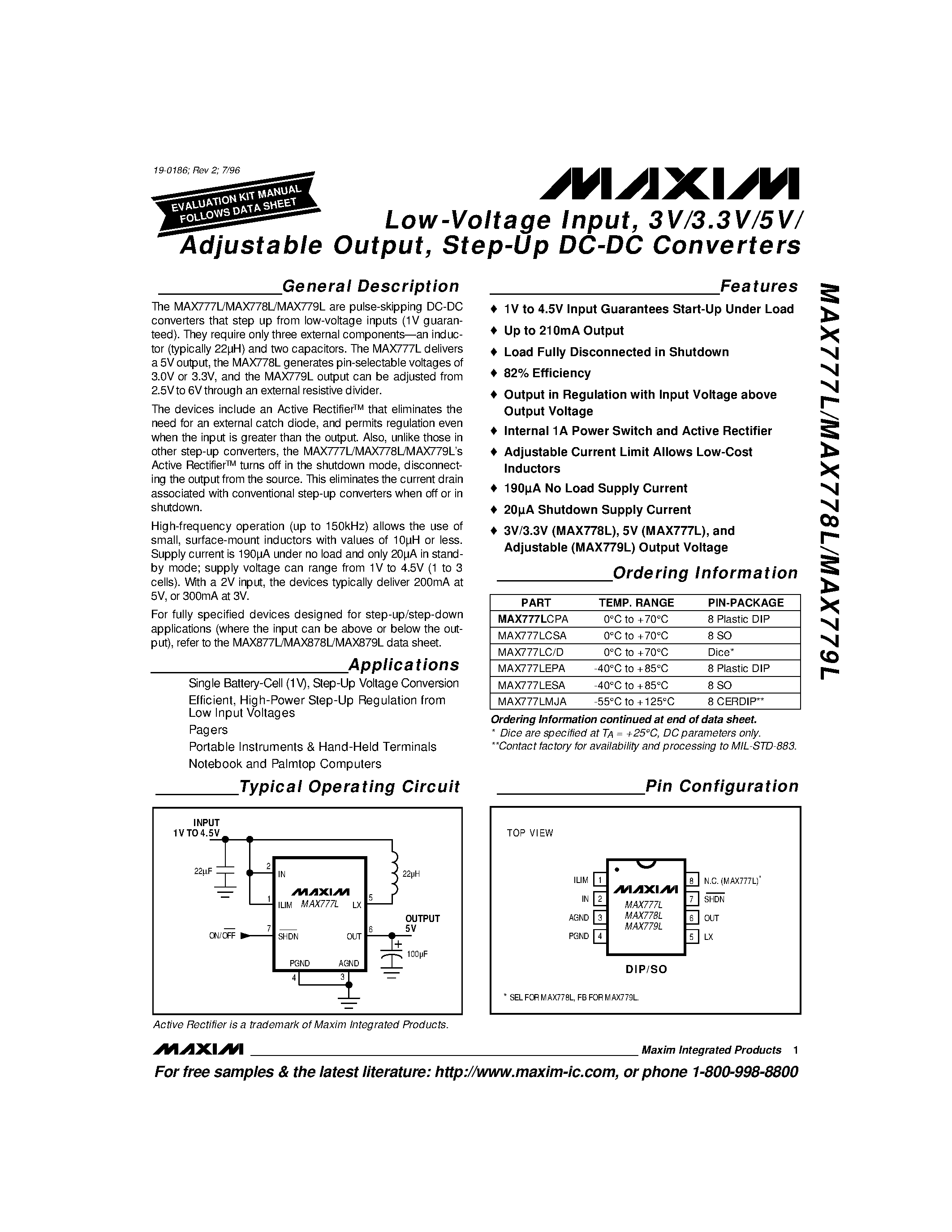 Datasheet MAX777L - Low-Voltage Input / 3V/3.3V/5V/ Adjustable Output / Step-Up DC-DC Converters page 1