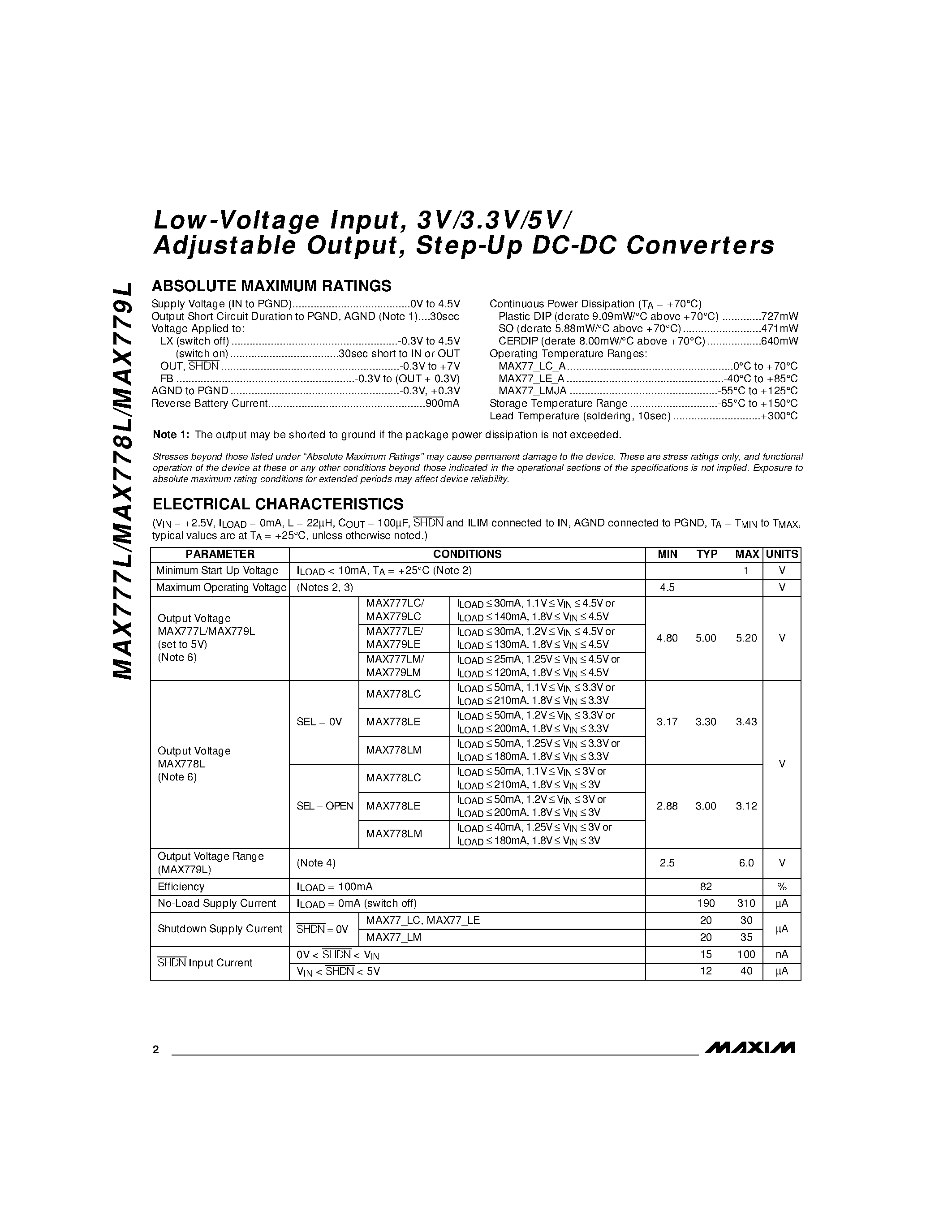Datasheet MAX779L - Low-Voltage Input / 3V/3.3V/5V/ Adjustable Output / Step-Up DC-DC Converters page 2