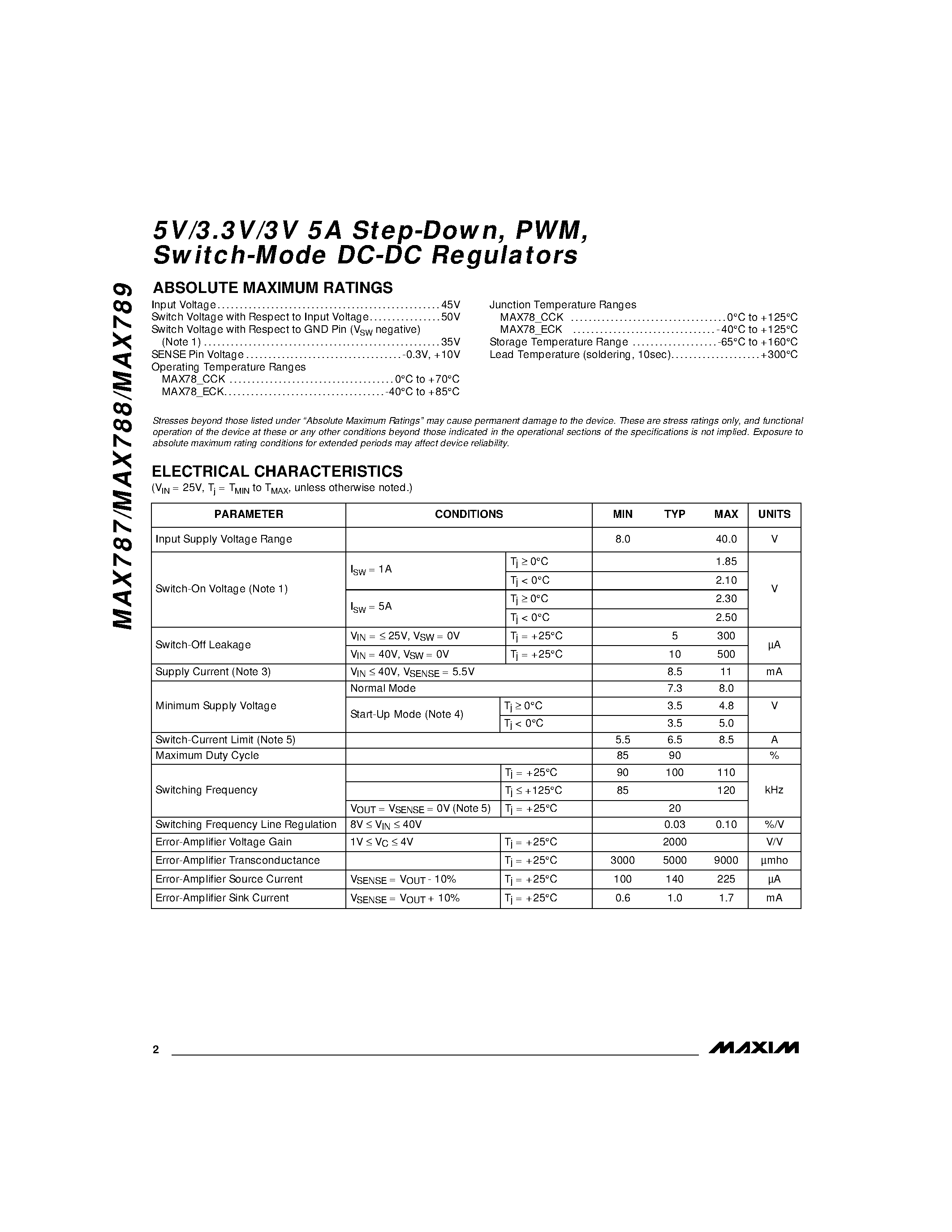 Datasheet MAX787CCK - 5V/3.3V/3V 5A Step-Down / PWM / Switch-Mode DC-DC Regulators page 2