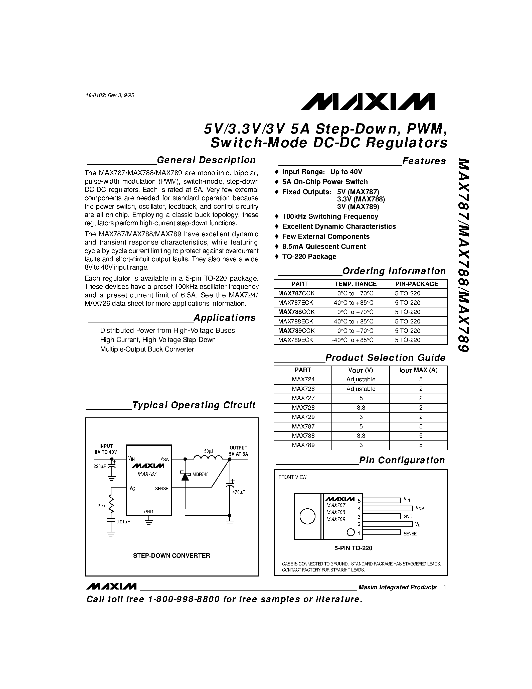 Datasheet MAX789 - 5V/3.3V/3V 5A Step-Down / PWM / Switch-Mode DC-DC Regulators page 1