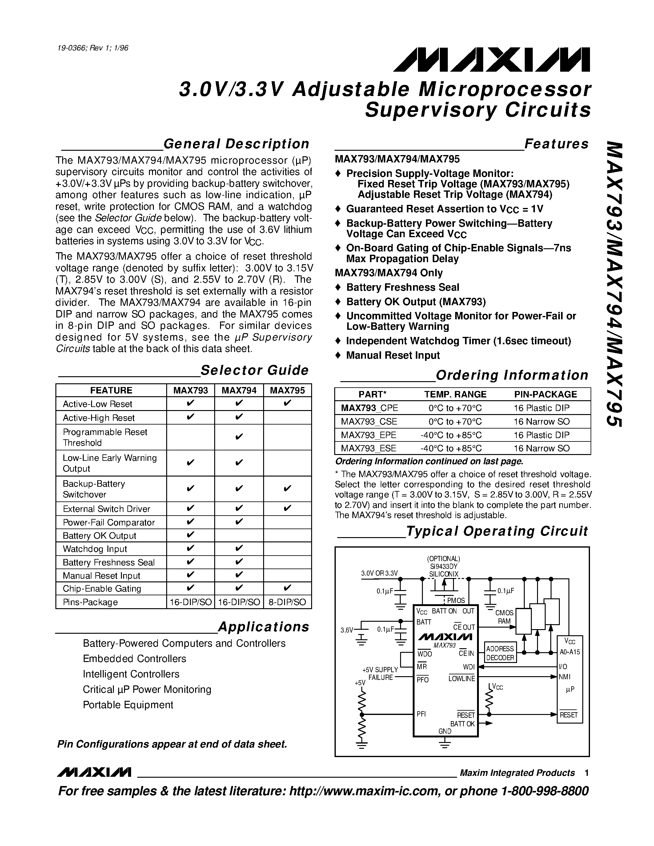 Datasheet MAX793 - 3.0V/3.3V Adjustable Microprocessor Supervisory Circuits page 1