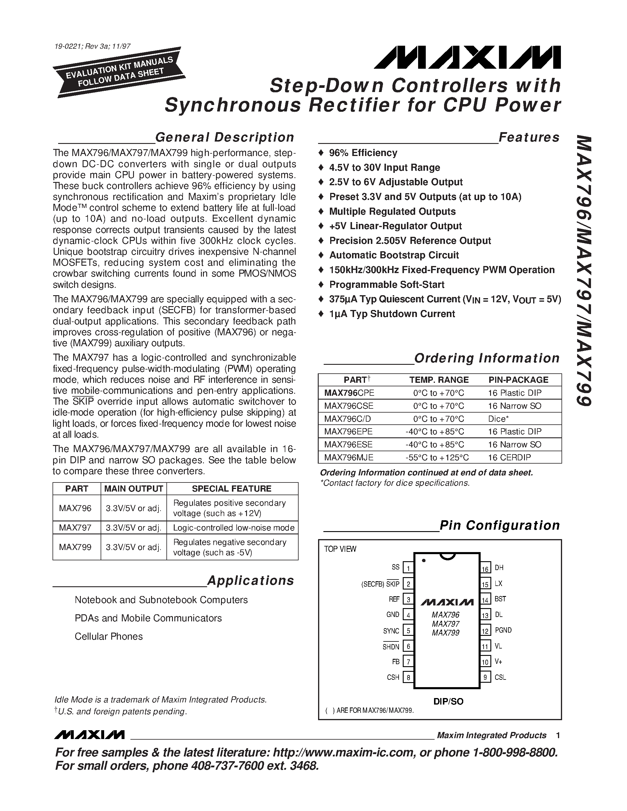 Datasheet MAX797 - Step-Down Controllers with Synchronous Rectifier for CPU Power page 1
