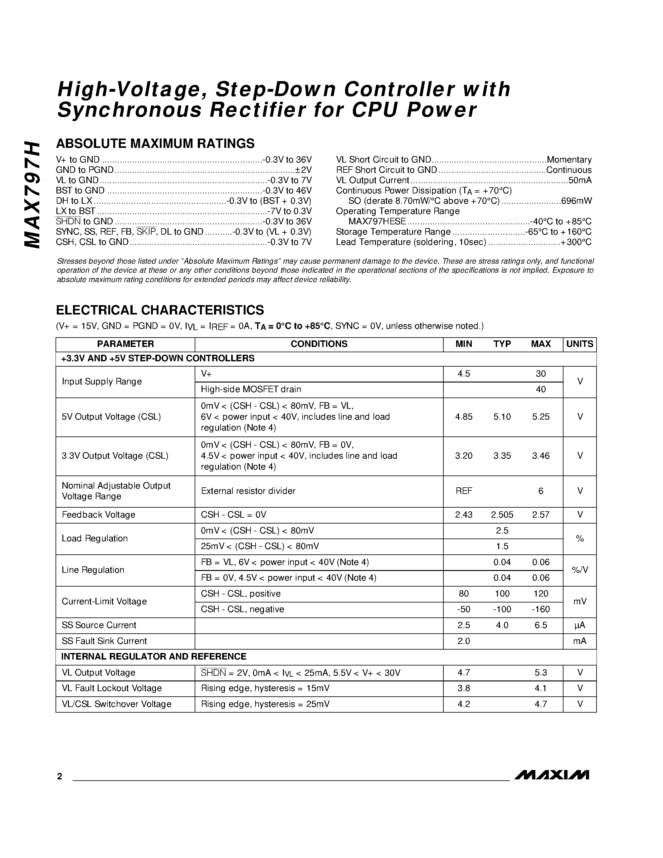 Datasheet MAX797H - High-Voltage / Step-Down Controller with Synchronous Rectifier for CPU Power page 2