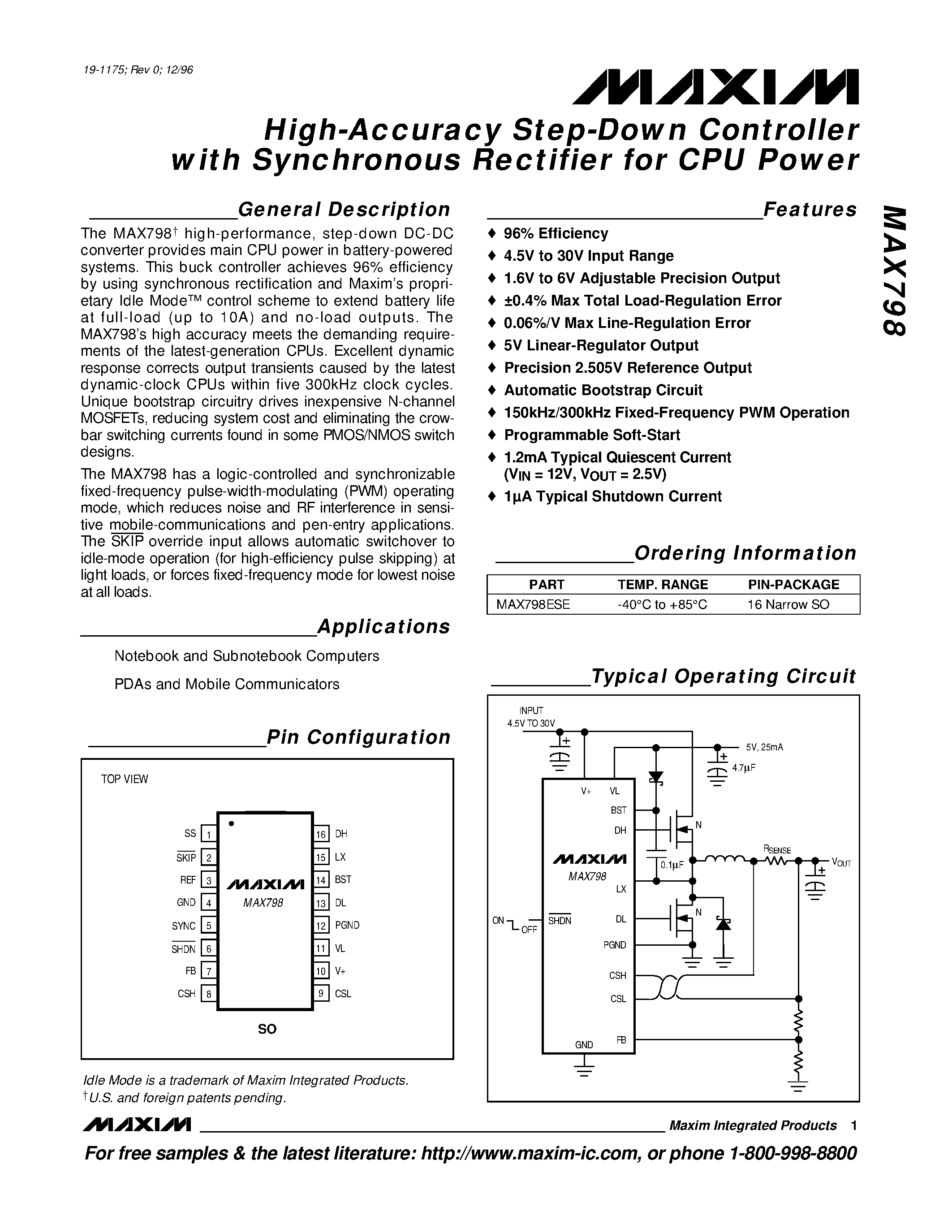 Datasheet MAX798ESE - High-Accuracy Step-Down Controller with Synchronous Rectifier for CPU Power page 1