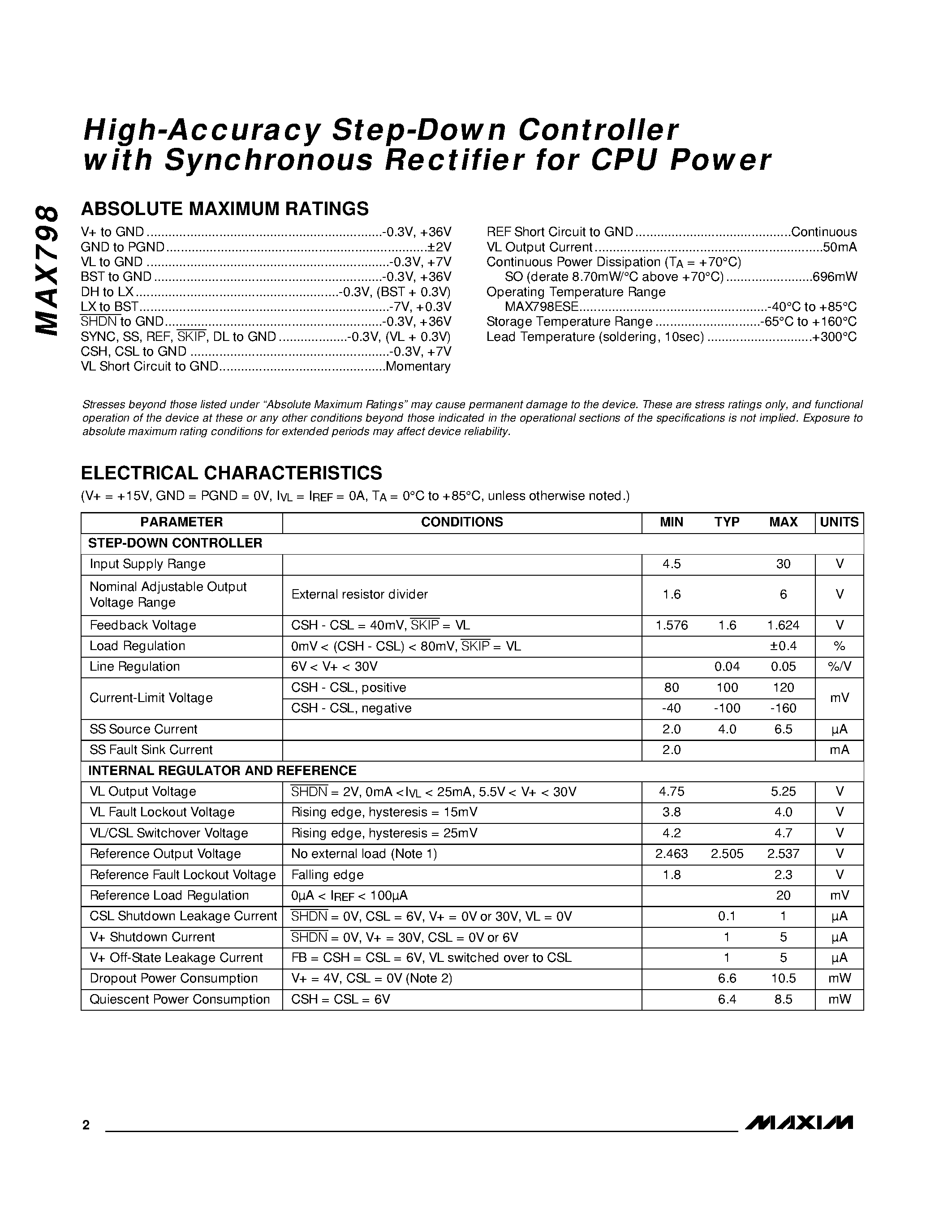 Datasheet MAX798ESE - High-Accuracy Step-Down Controller with Synchronous Rectifier for CPU Power page 2