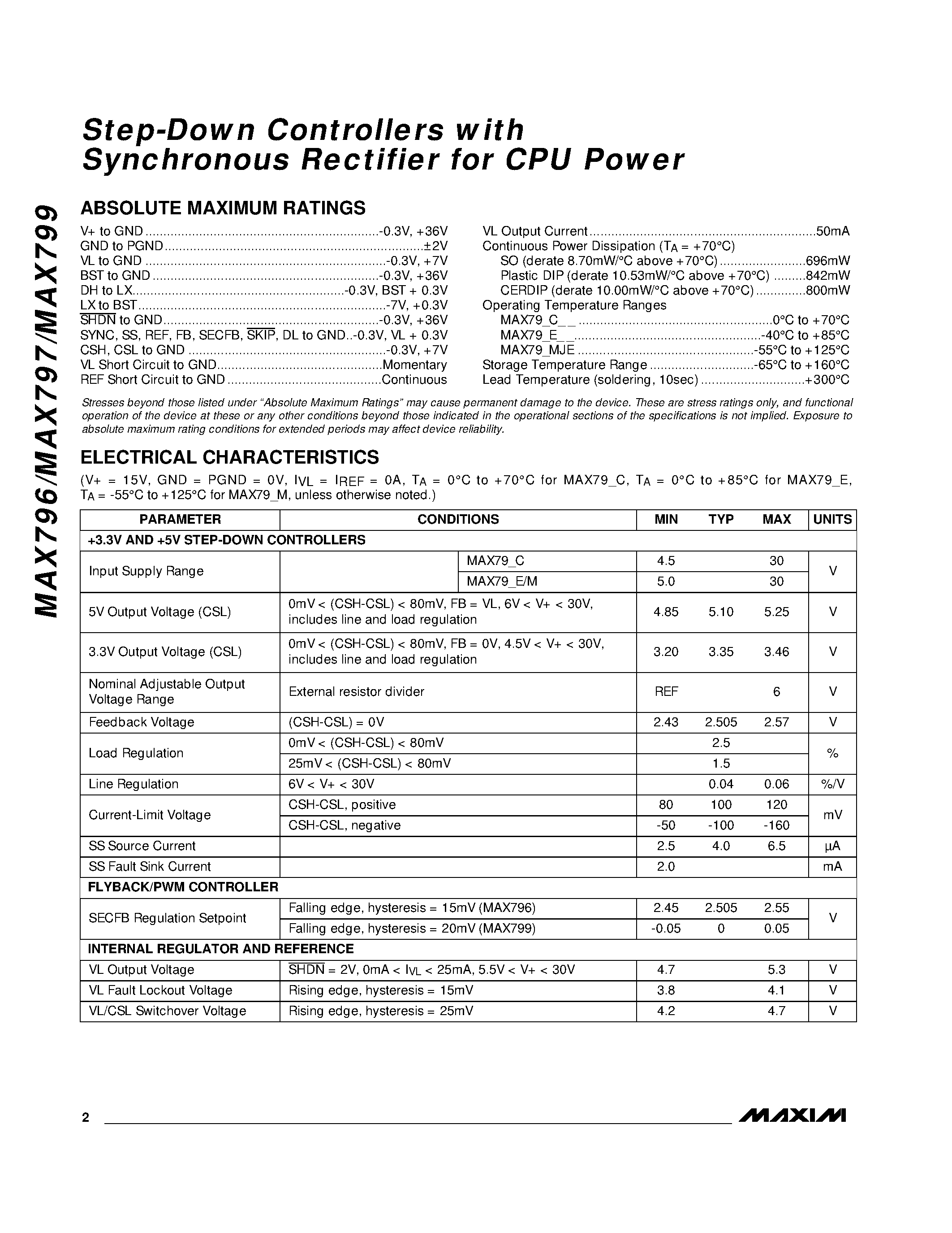 Datasheet MAX799EPE - Step-Down Controllers with Synchronous Rectifier for CPU Power page 2