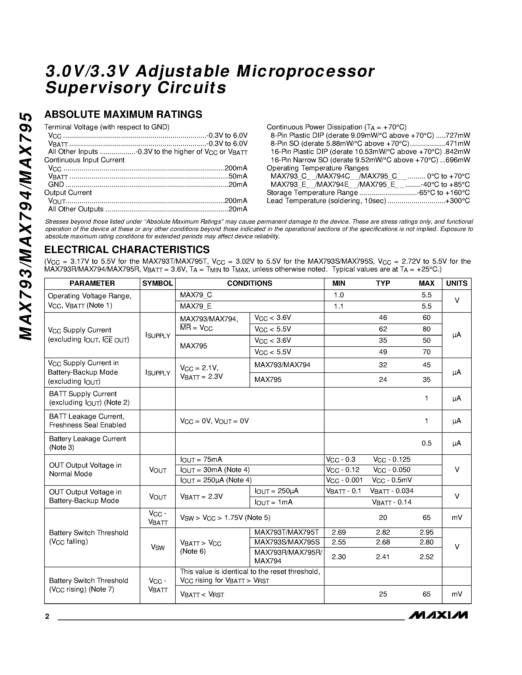 Datasheet MAX79E - 3.0V/3.3V Adjustable Microprocessor Supervisory Circuits page 2