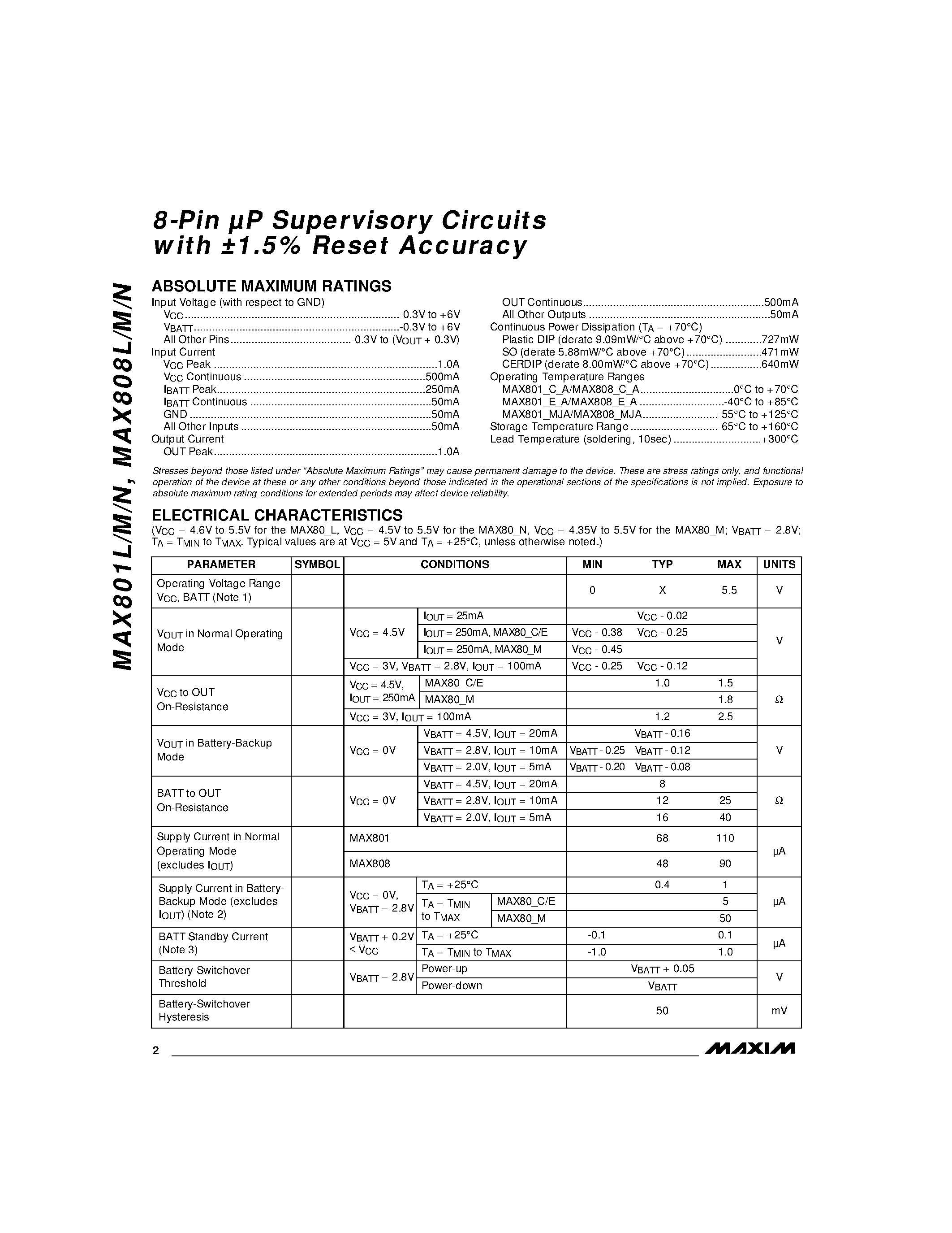 Даташит MAX808 - 8-Pin P Supervisory Circuits with 1.5eset Accuracy страница 2