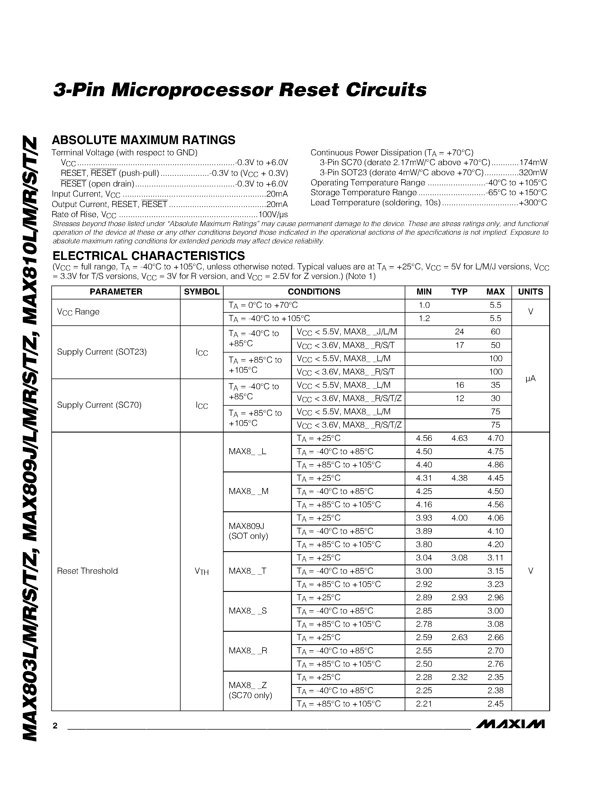 Datasheet MAX809Z - 3-Pin Microprocessor Reset Circuits page 2