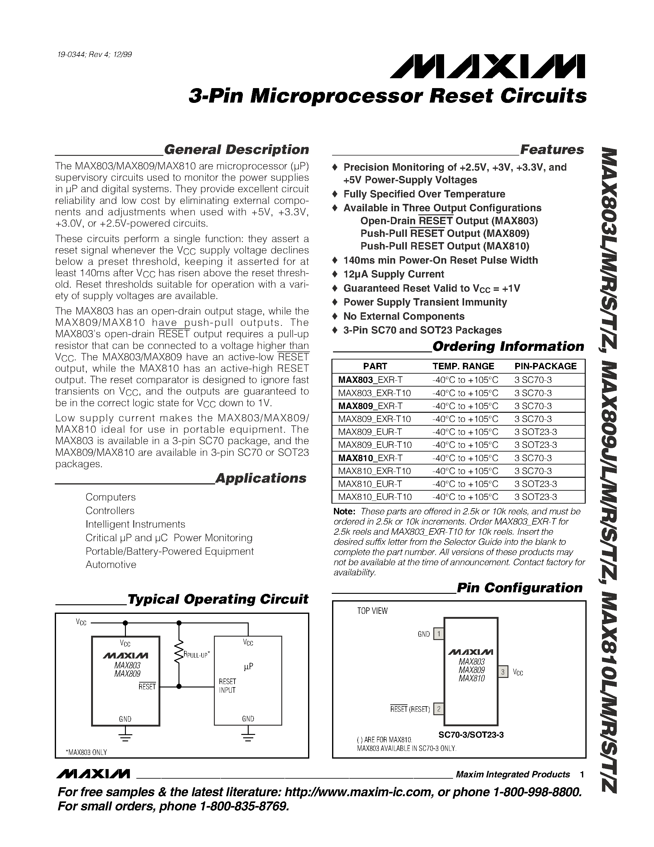 Datasheet MAX810_EUR-T10 - 3-Pin Microprocessor Reset Circuits page 1