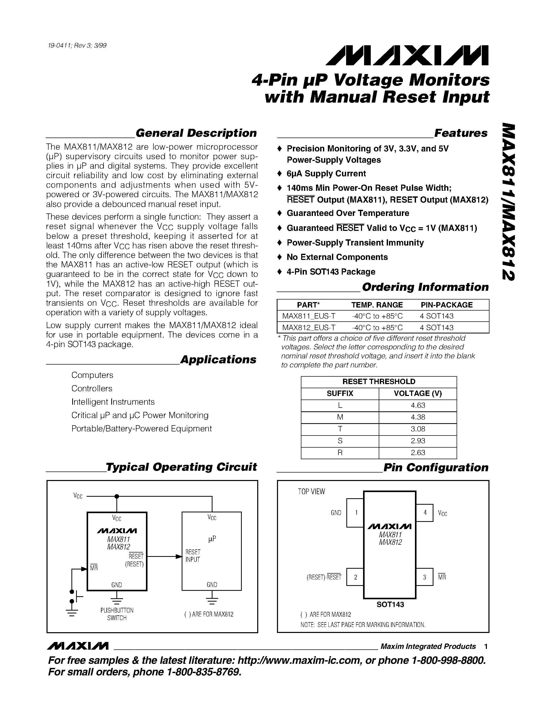 Даташит MAX811_EUS-T - 4-Pin P Voltage Monitors with Manual Reset Input страница 1