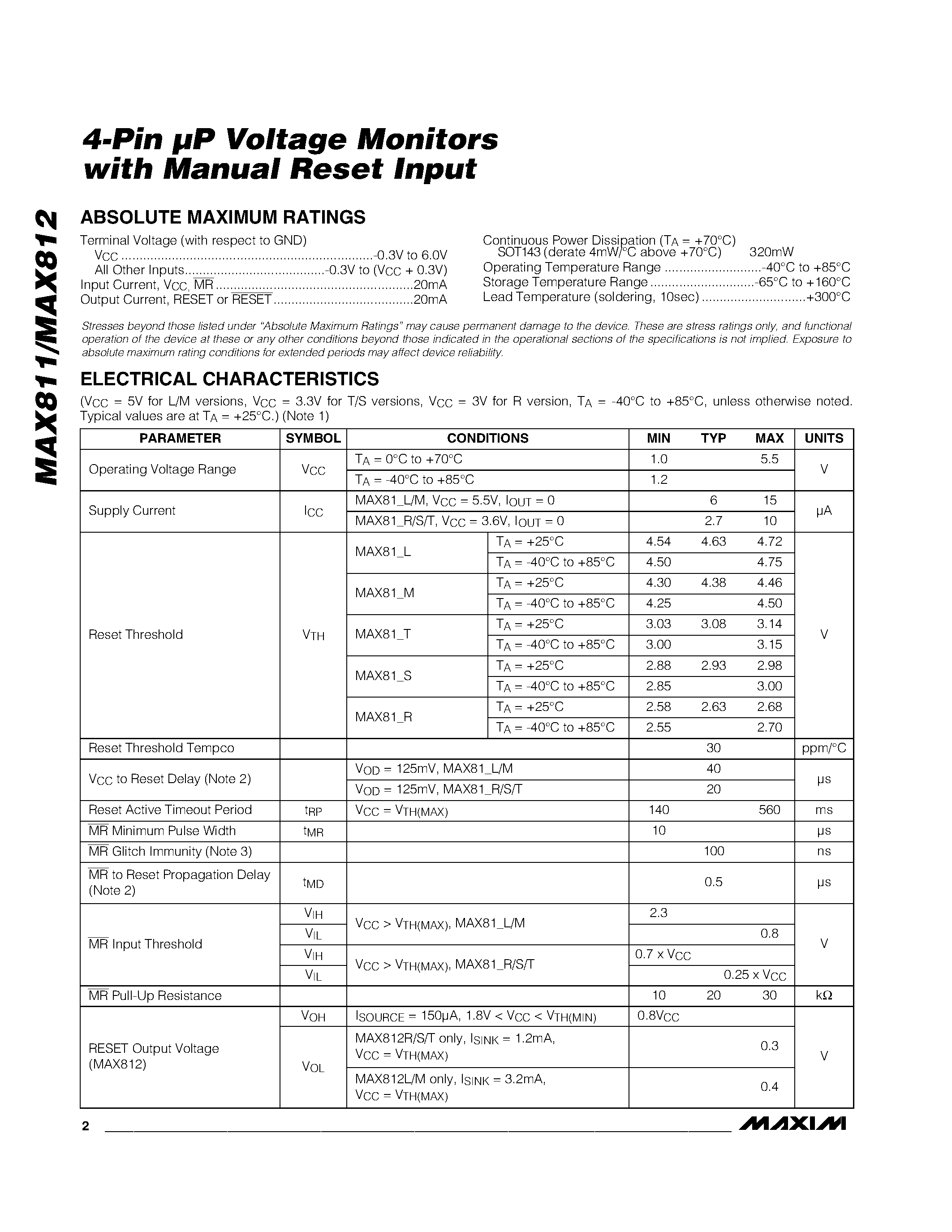 Даташит MAX811_EUS-T - 4-Pin P Voltage Monitors with Manual Reset Input страница 2