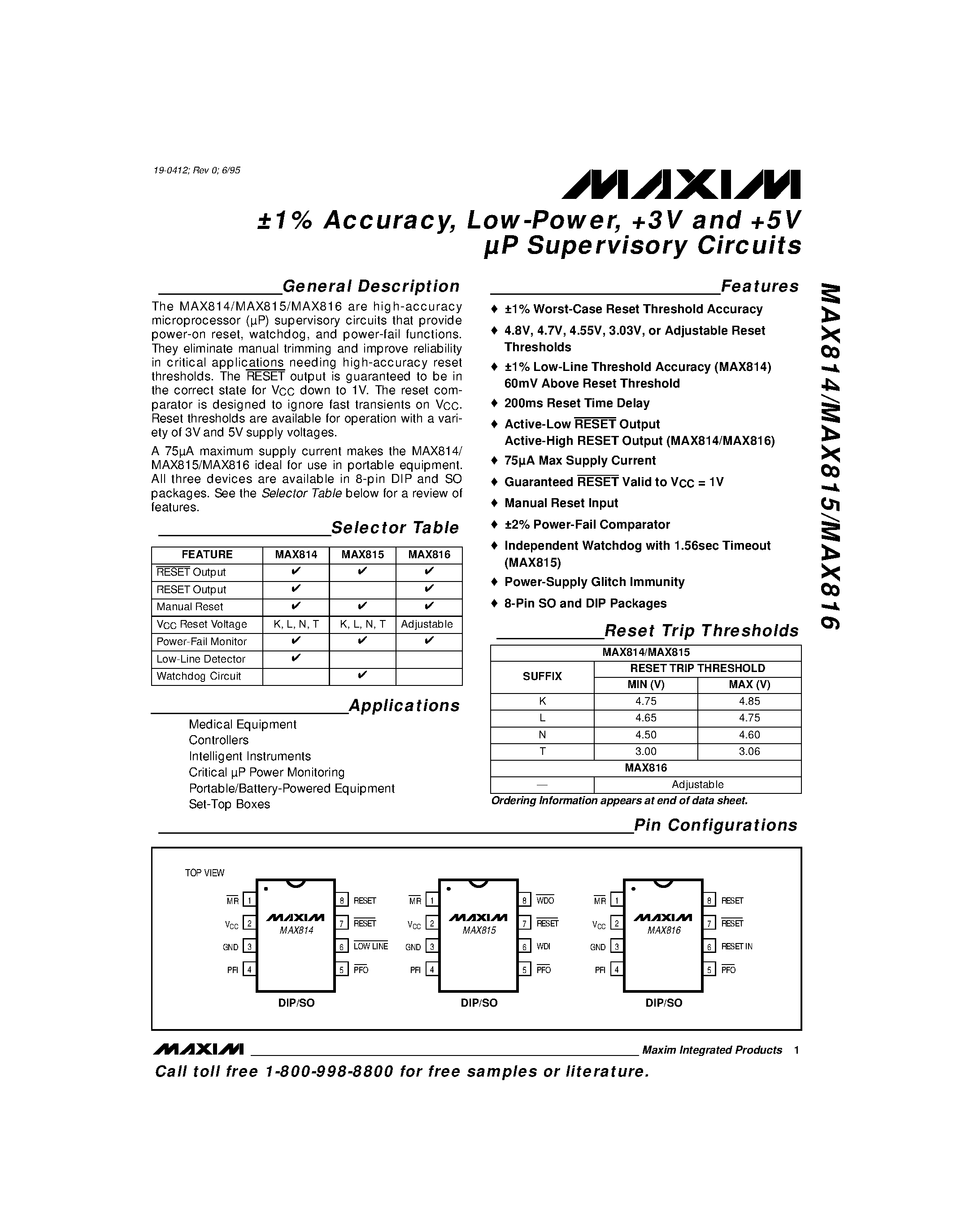 Даташит MAX814 - 1% Accuracy / Low-Power / +3V and +5V P Supervisory Circuits страница 1