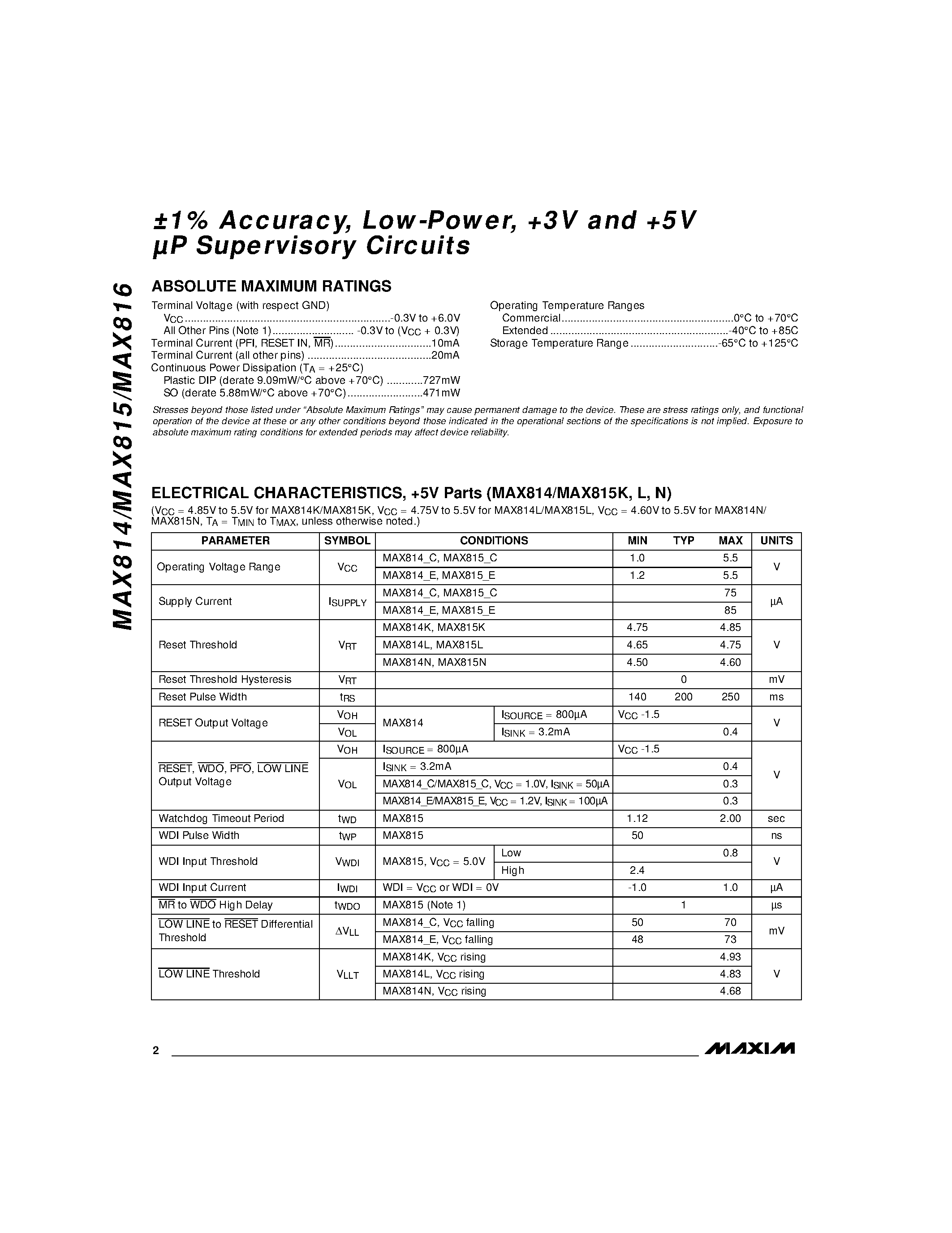 Даташит MAX816 - 1% Accuracy / Low-Power / +3V and +5V P Supervisory Circuits страница 2