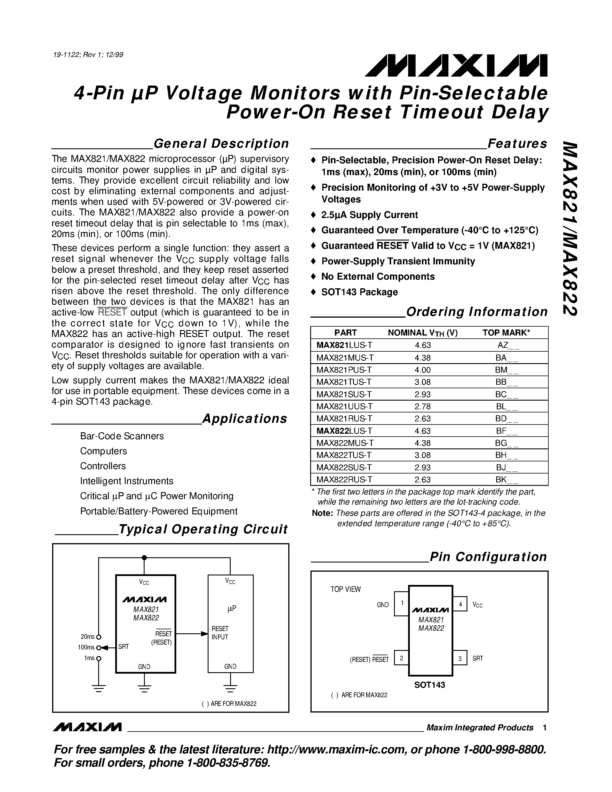 Даташит MAX821 - 4-Pin P Voltage Monitors with Pin-Selectable Power-On Reset Timeout Delay страница 1