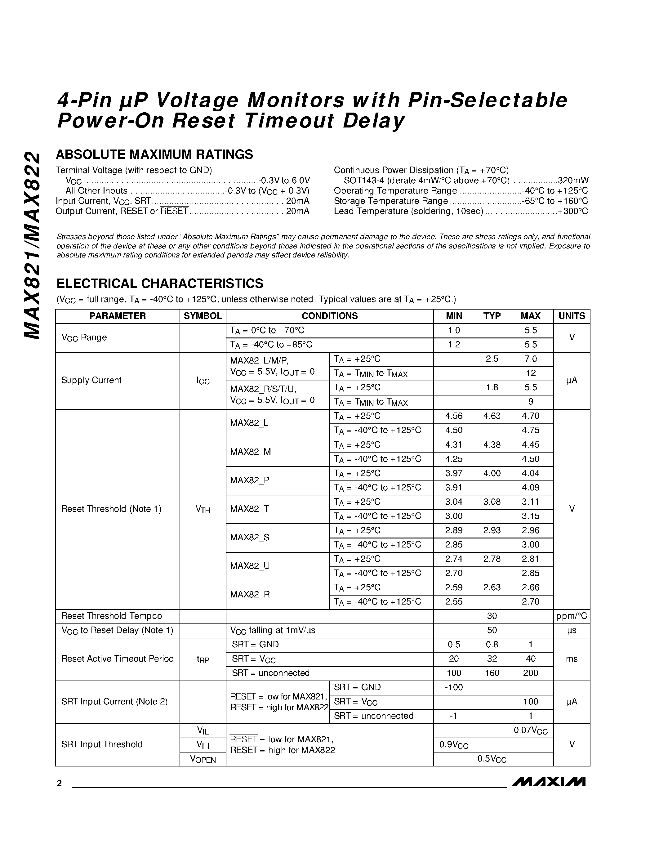 Даташит MAX822RUS-T - 4-Pin P Voltage Monitors with Pin-Selectable Power-On Reset Timeout Delay страница 2