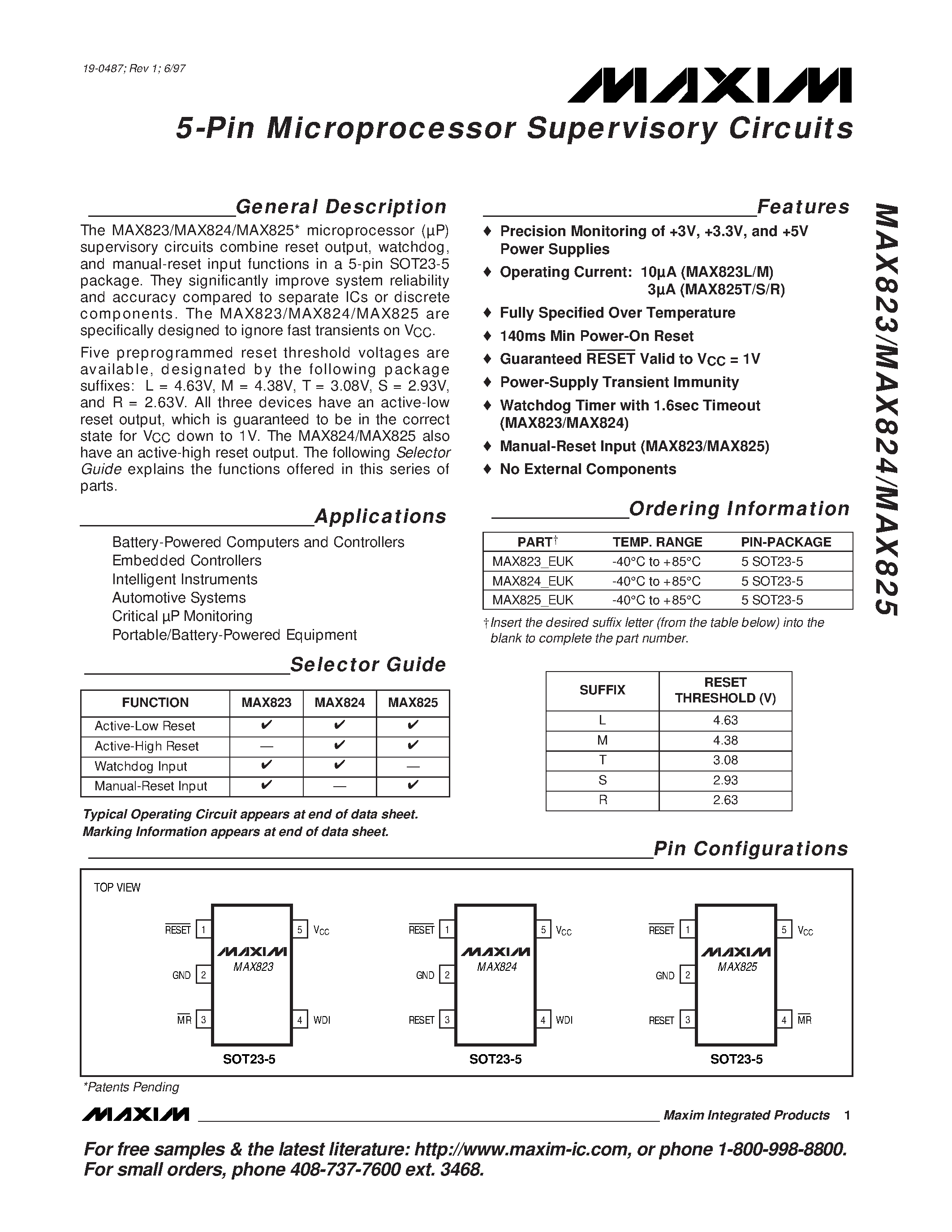Datasheet MAX824 - 5-Pin Microprocessor Supervisory Circuits page 1