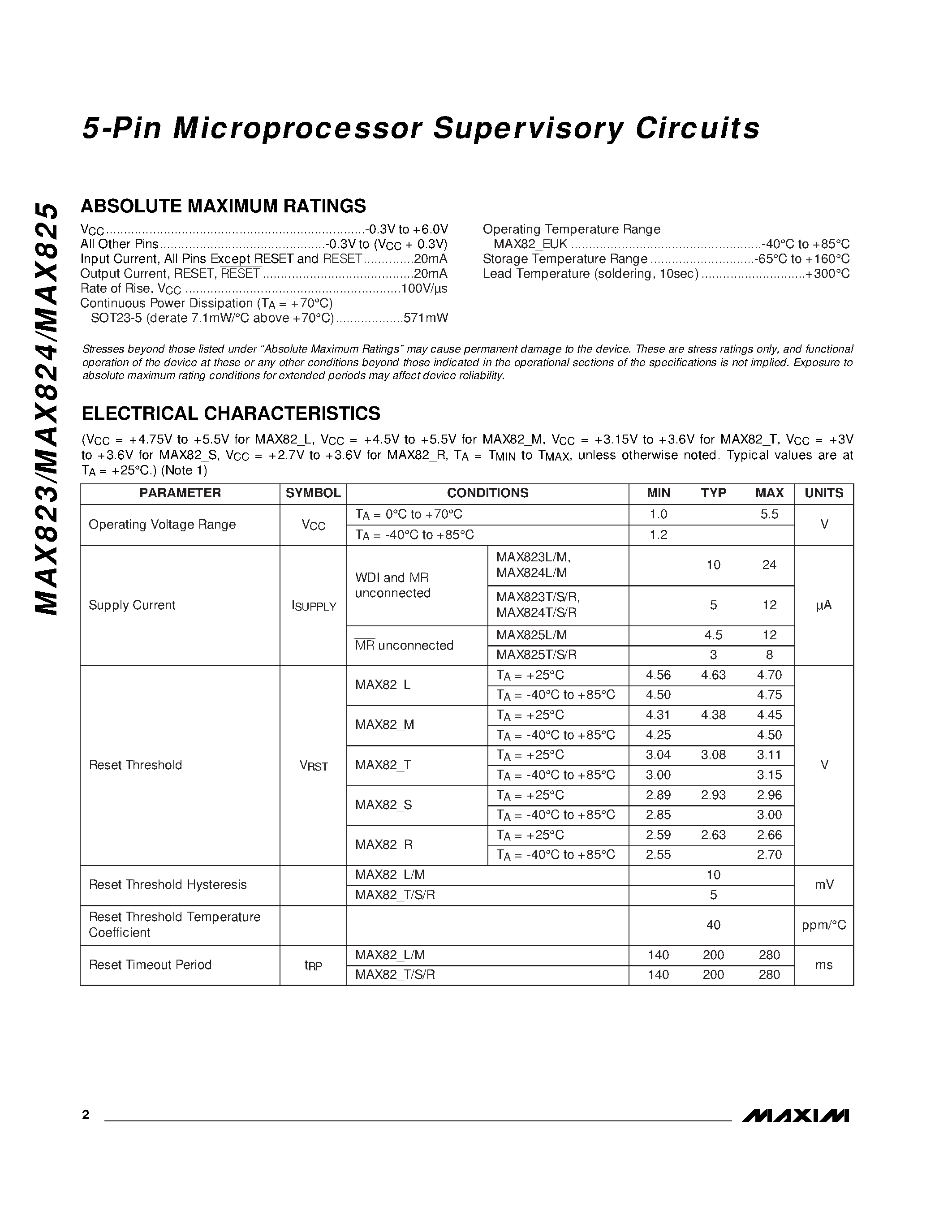 Datasheet MAX825 - 5-Pin Microprocessor Supervisory Circuits page 2
