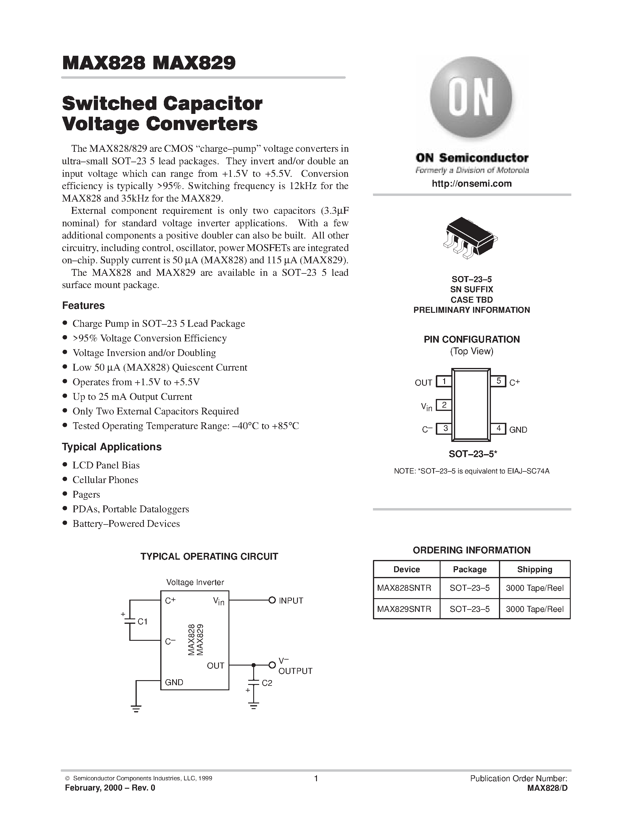 Datasheet MAX828 - Switched Capacitor Voltage Converters page 1