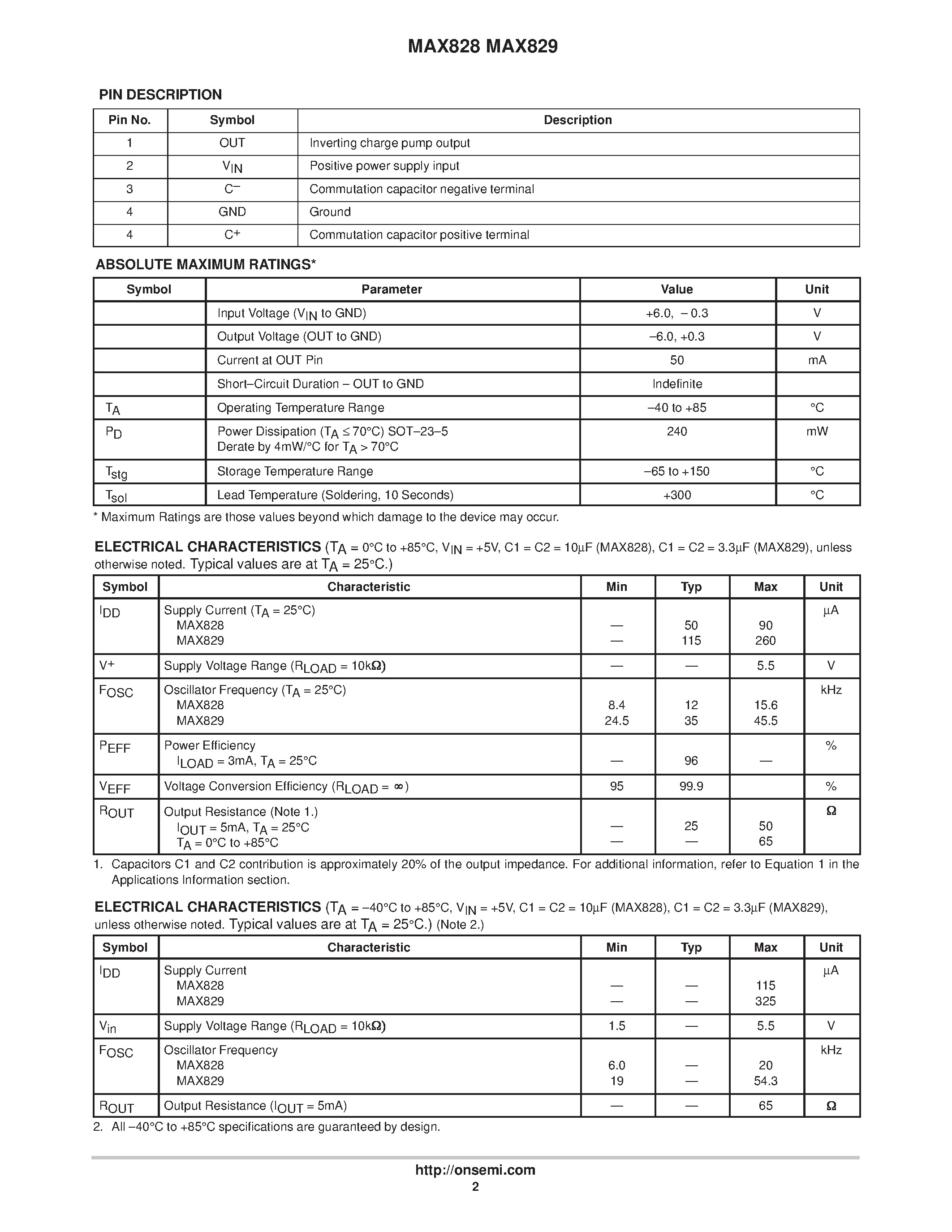 Datasheet MAX828SNTR - Switched Capacitor Voltage Converters page 2