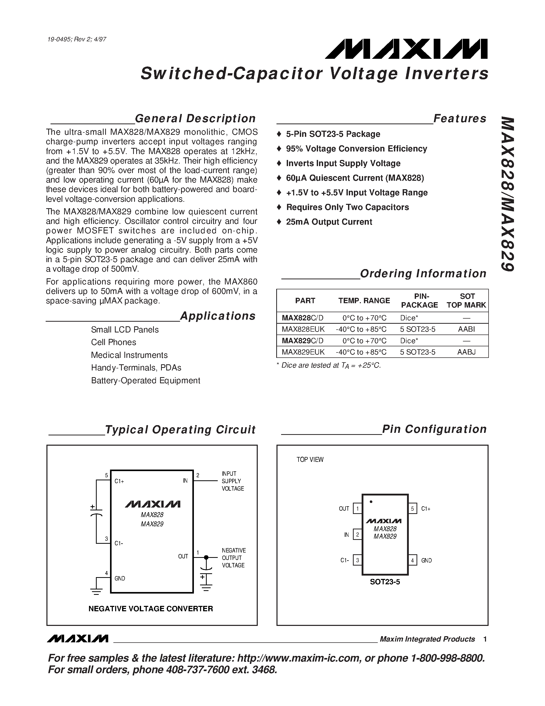 Datasheet MAX829EUK - Switched-Capacitor Voltage Inverters page 1