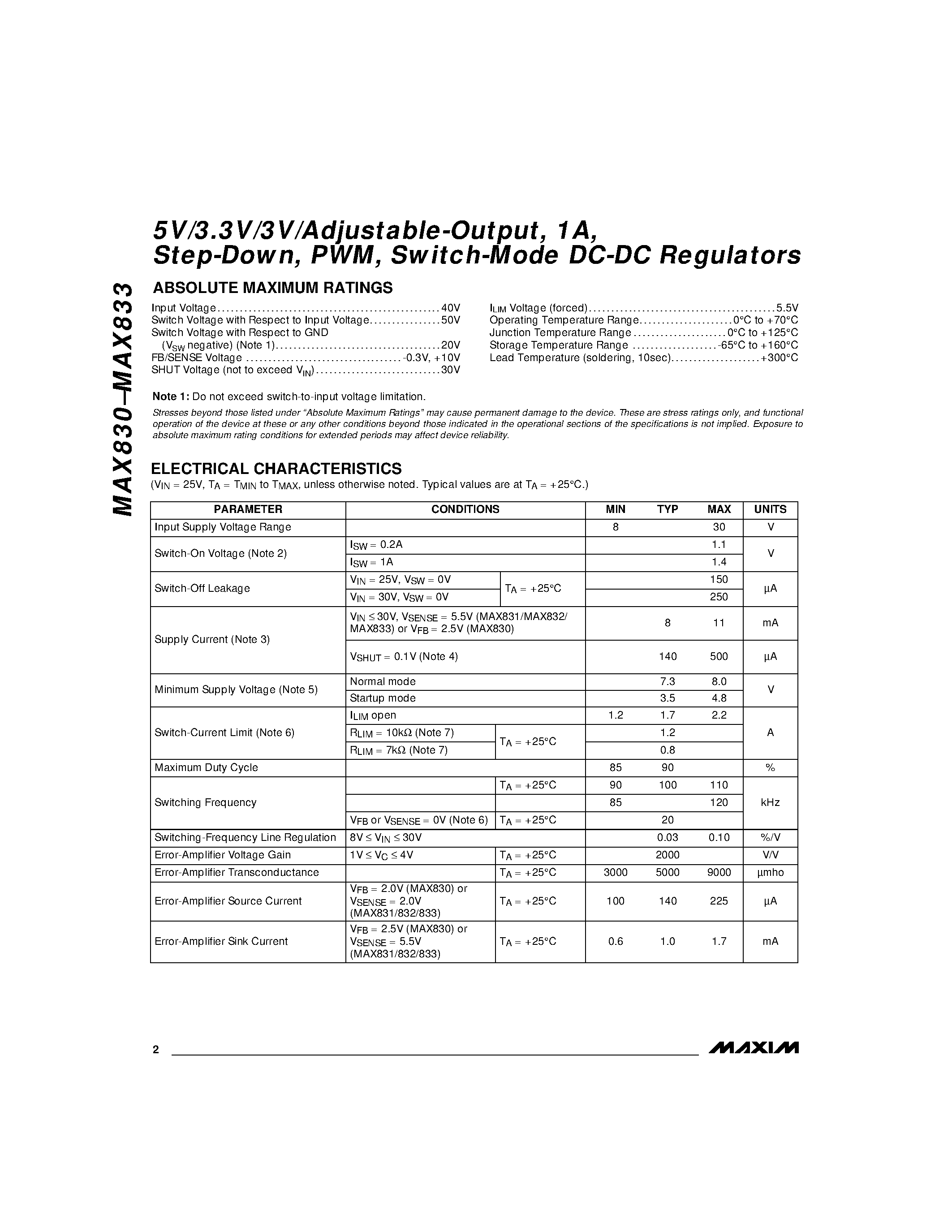 Datasheet MAX830 - 5V/3.3V/3V/Adjustable-Output / 1A / Step-Down / PWM / Switch-Mode DC-DC Regulators page 2