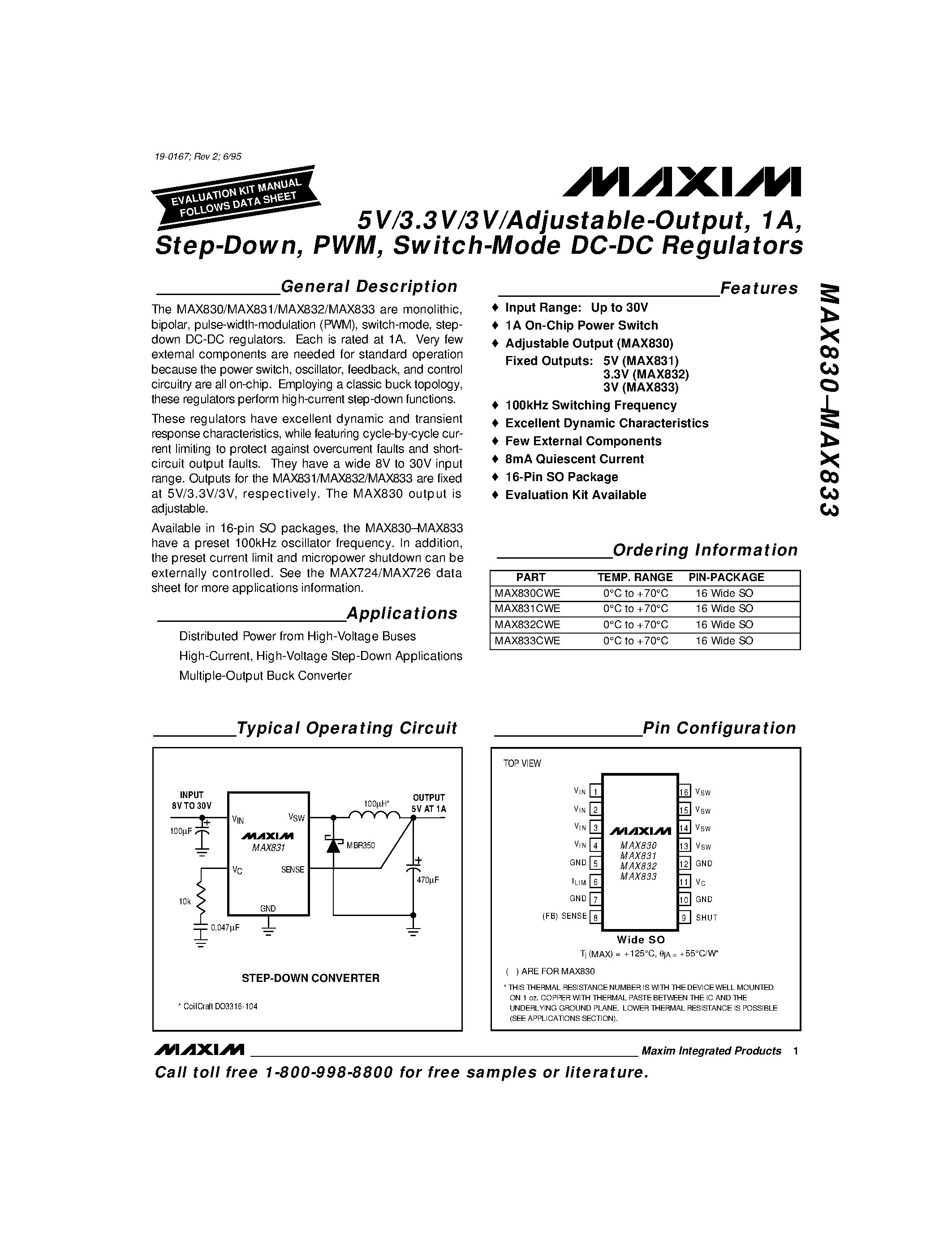 Datasheet MAX833CWE - 5V/3.3V/3V/Adjustable-Output / 1A / Step-Down / PWM / Switch-Mode DC-DC Regulators page 1