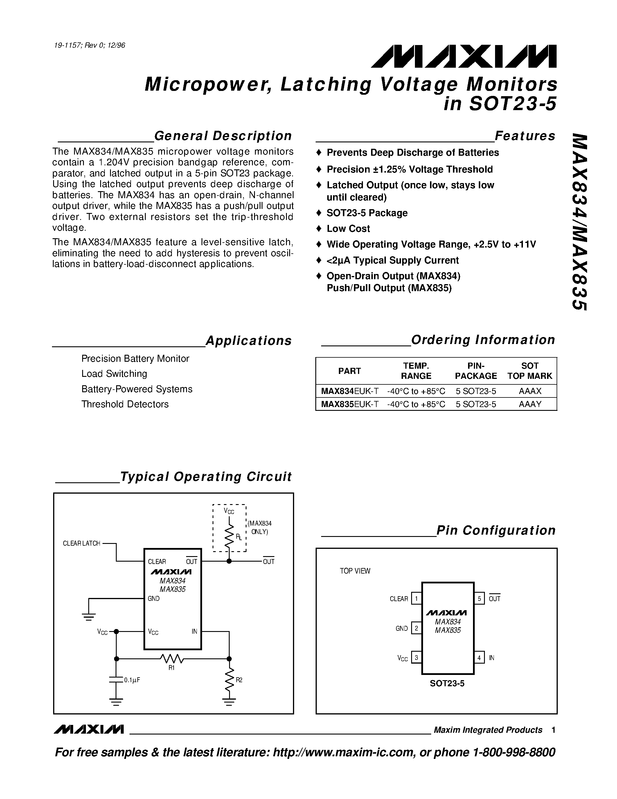 Datasheet MAX834 - Micropower / Latching Voltage Monitors in SOT23-5 page 1