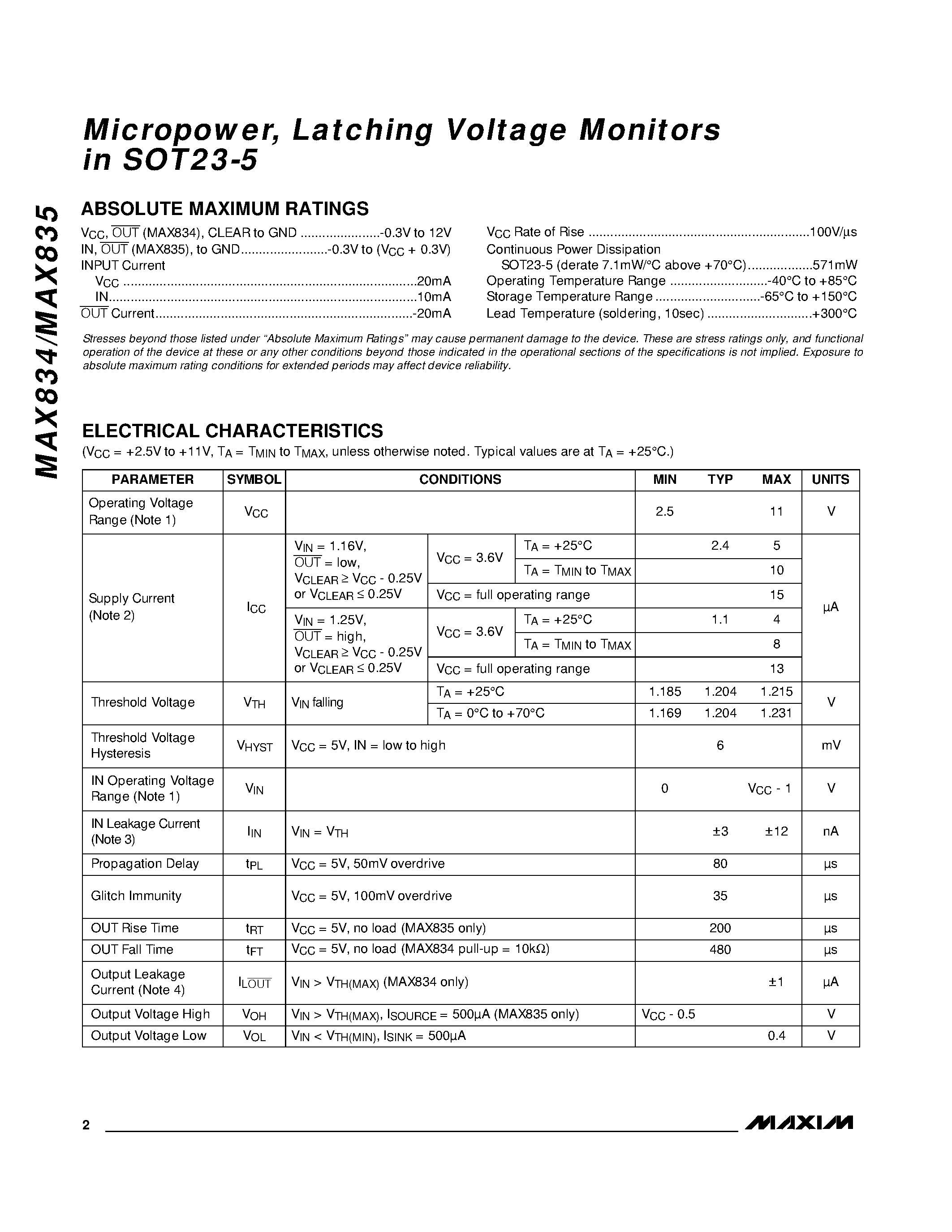 Datasheet MAX834 - Micropower / Latching Voltage Monitors in SOT23-5 page 2