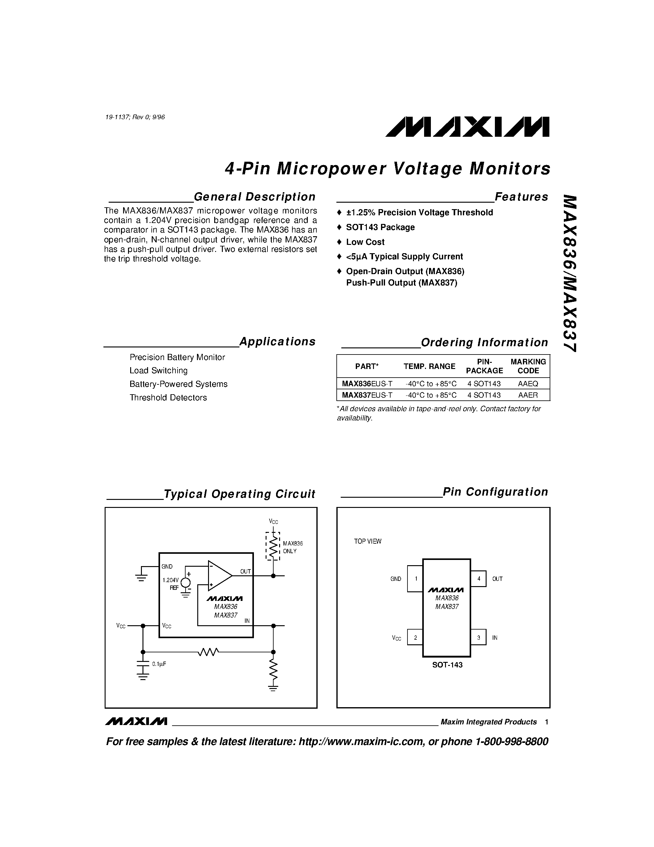 Datasheet MAX836 - 4-Pin Micropower Voltage Monitors page 1