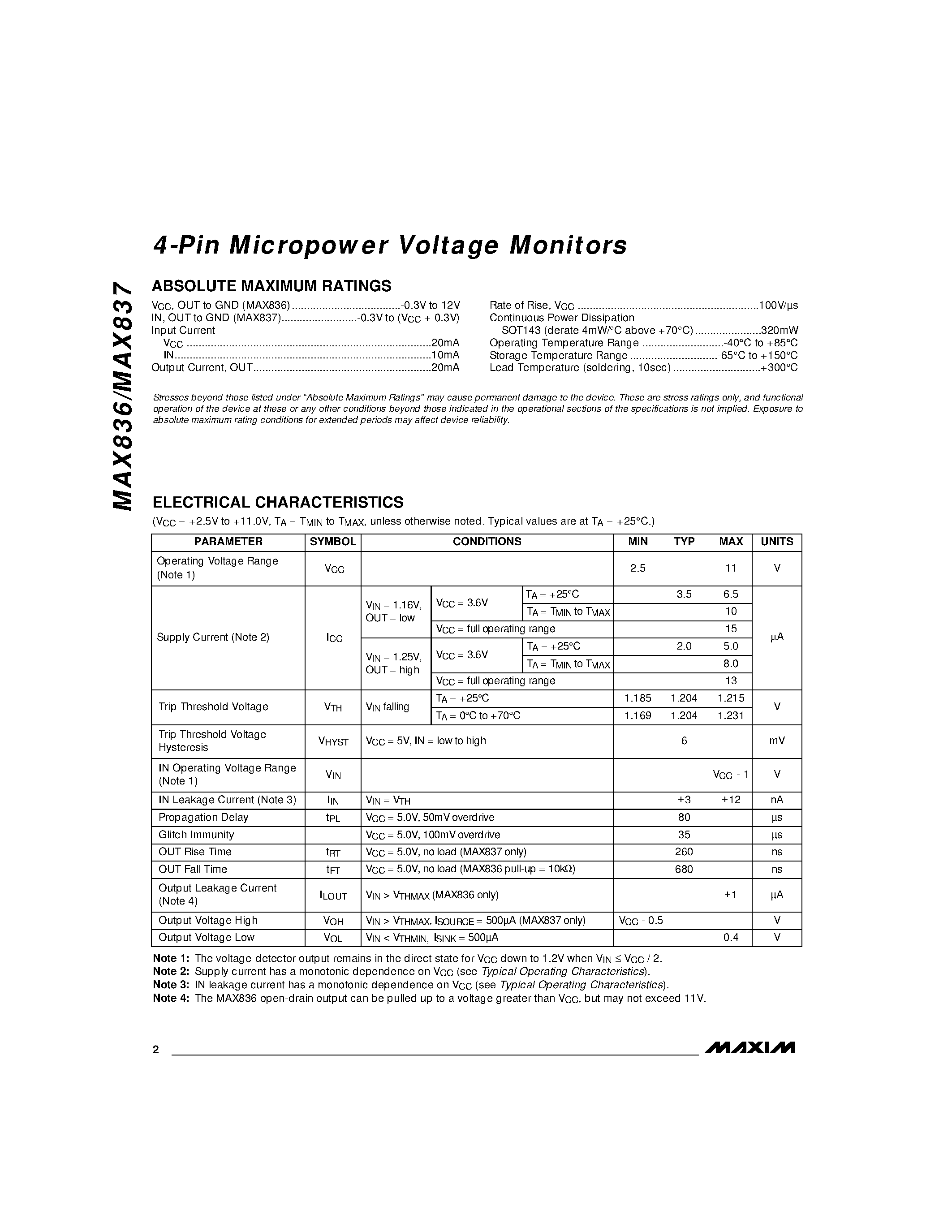 Datasheet MAX837EUS-T - 4-Pin Micropower Voltage Monitors page 2