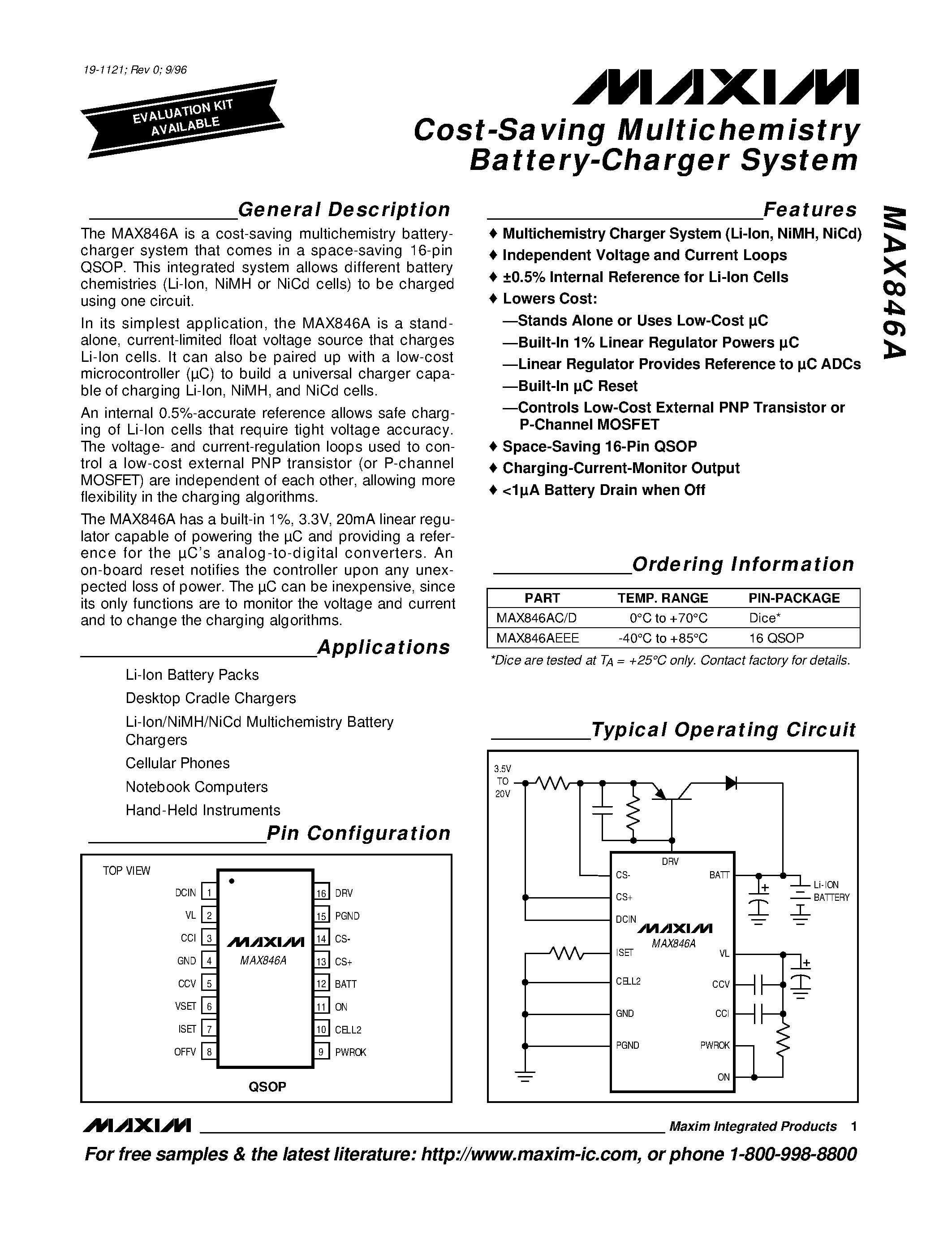 Datasheet MAX846A - Cost-Saving Multichemistry Battery-Charger System page 1
