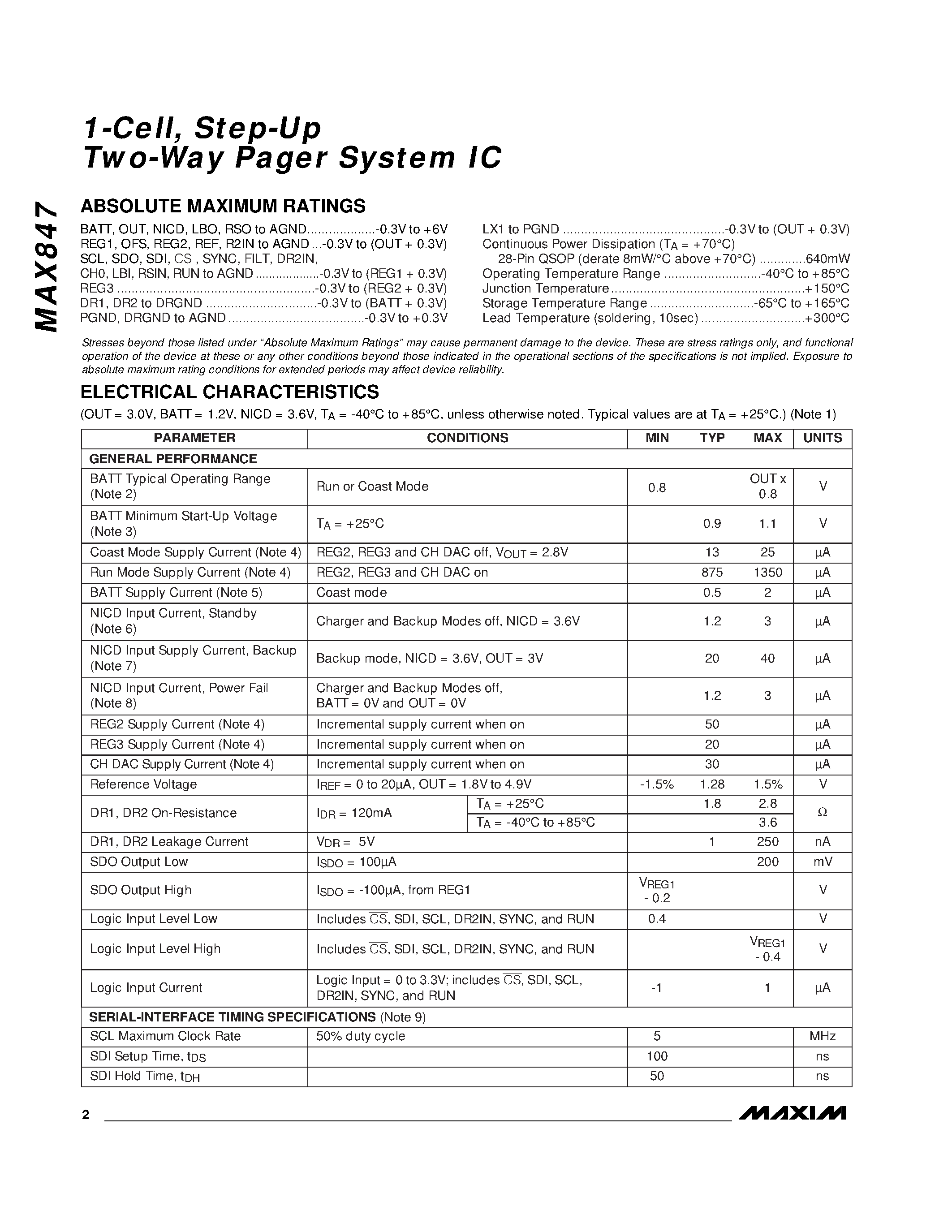 Datasheet MAX847 - 1-Cell / Step-Up Two-Way Pager System IC page 2