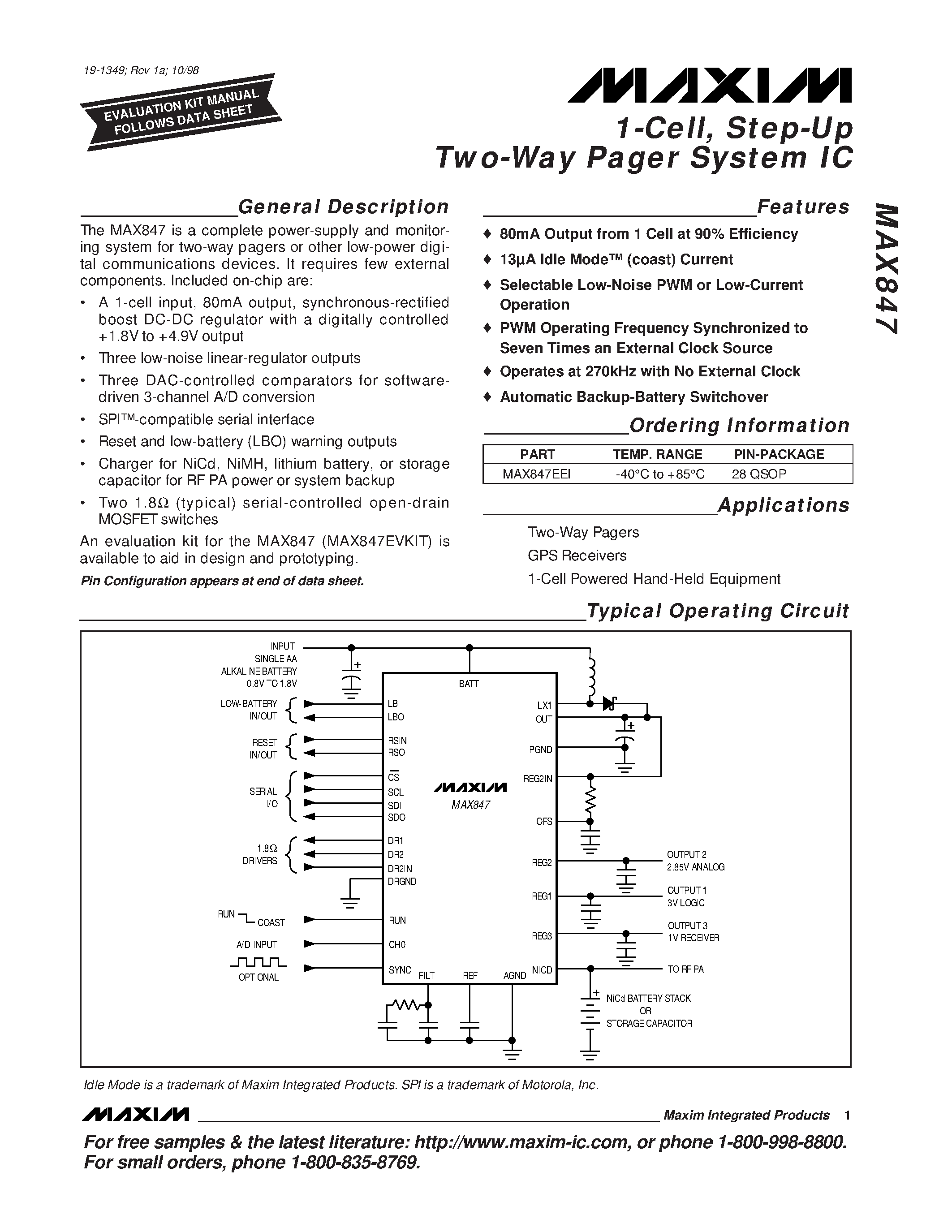 Datasheet MAX847EEI - 1-Cell / Step-Up Two-Way Pager System IC page 1