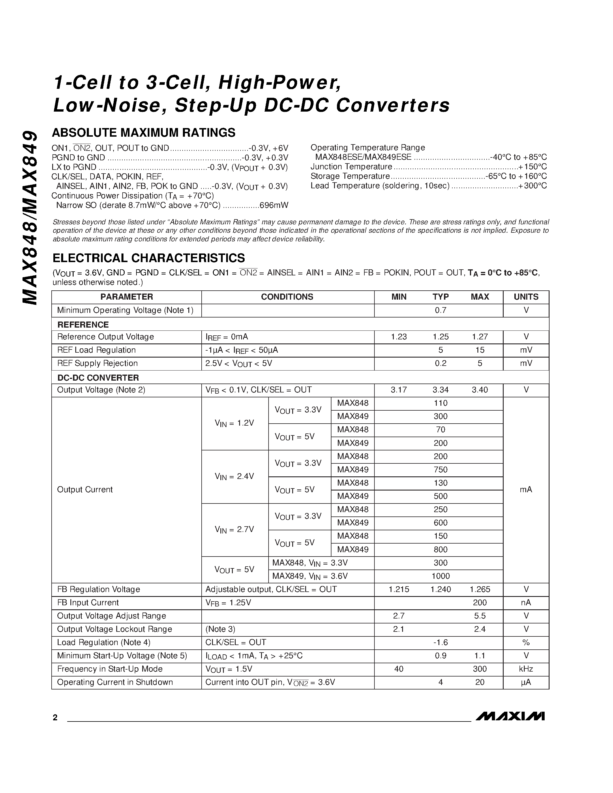 Datasheet MAX848 - 1-Cell to 3-Cell / High-Power / Low-Noise / Step-Up DC-DC Converters page 2