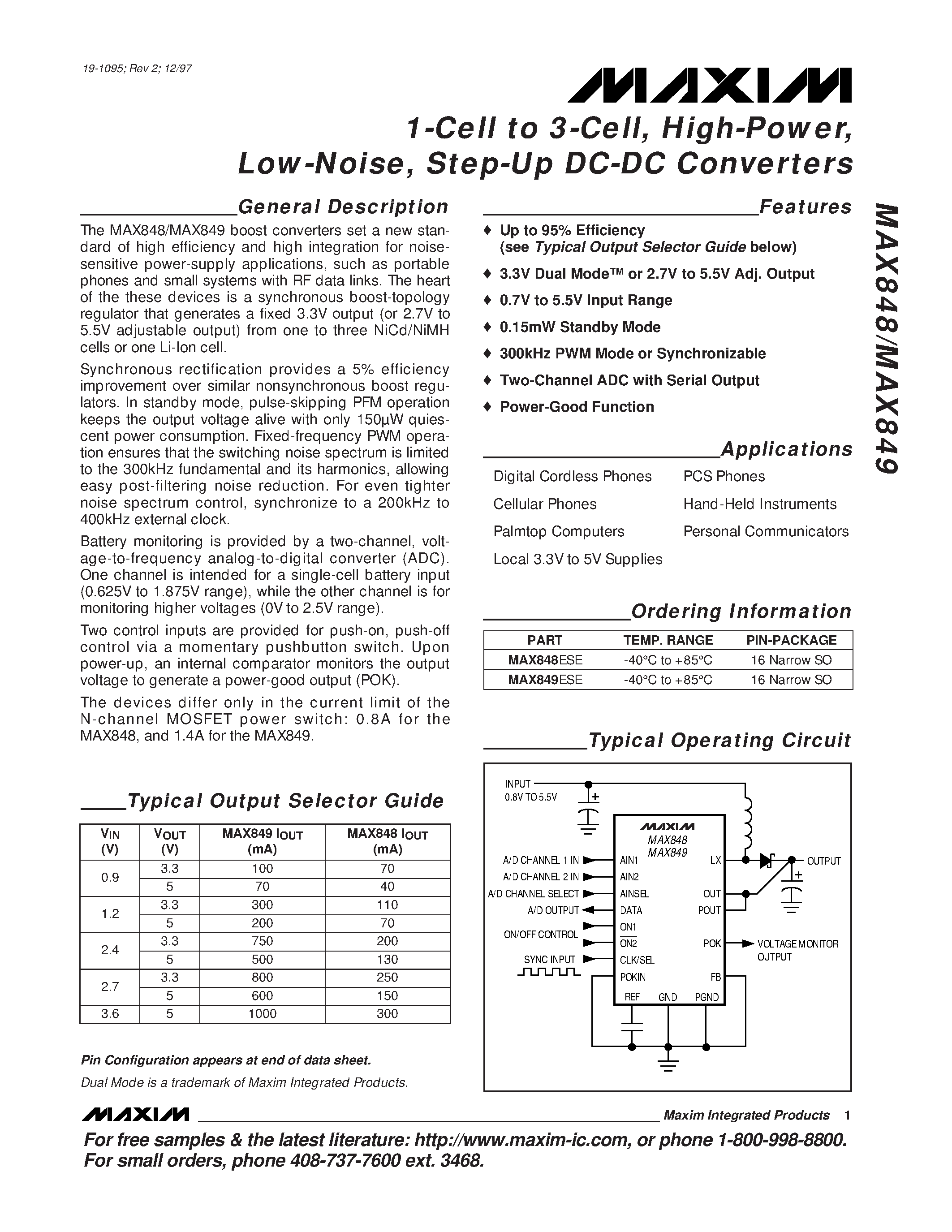 Datasheet MAX848ESE - 1-Cell to 3-Cell / High-Power / Low-Noise / Step-Up DC-DC Converters page 1