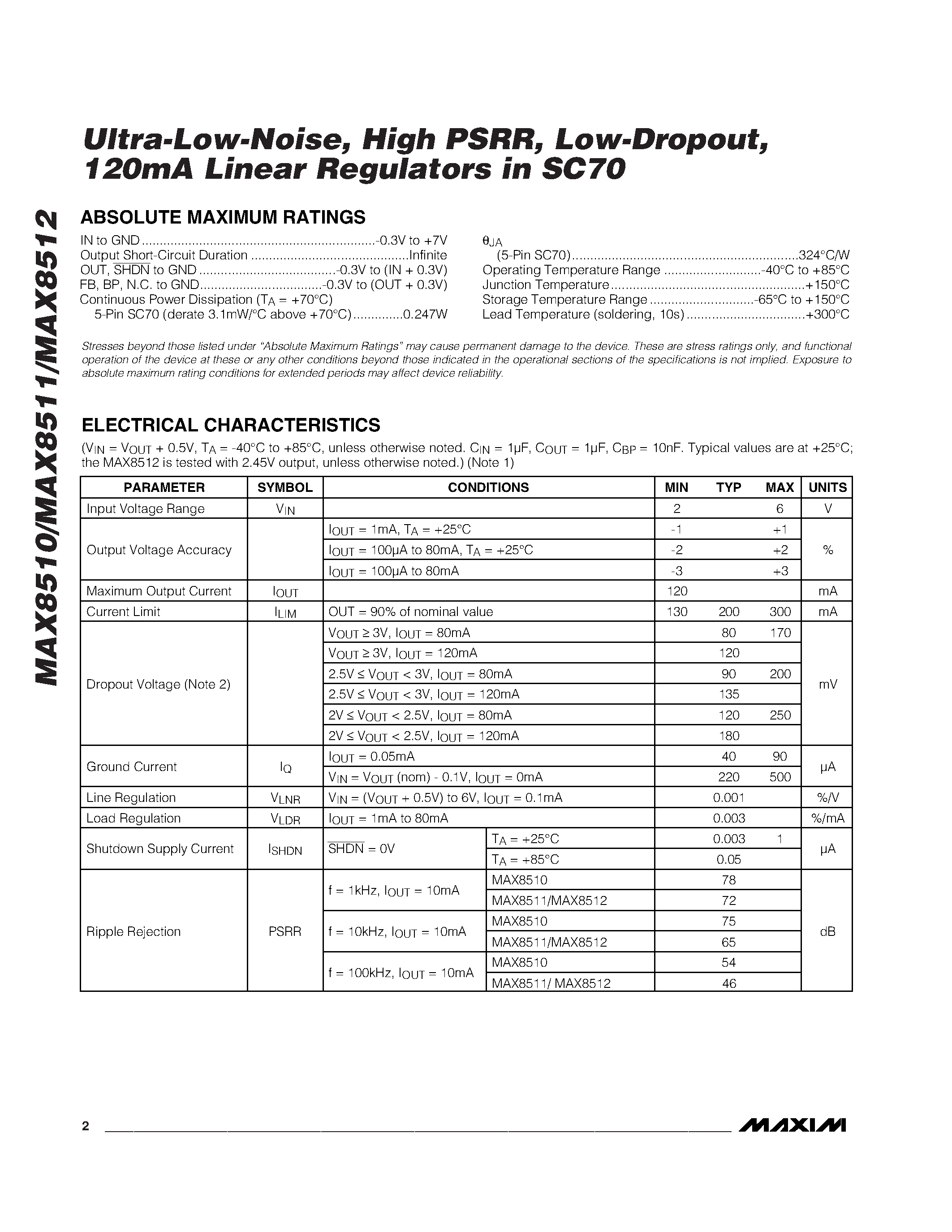 Datasheet MAX8510EXKxy-T - Ultra-Low-Noise / High PSRR / Low-Dropout /120mA Linear Regulators in SC70 page 2